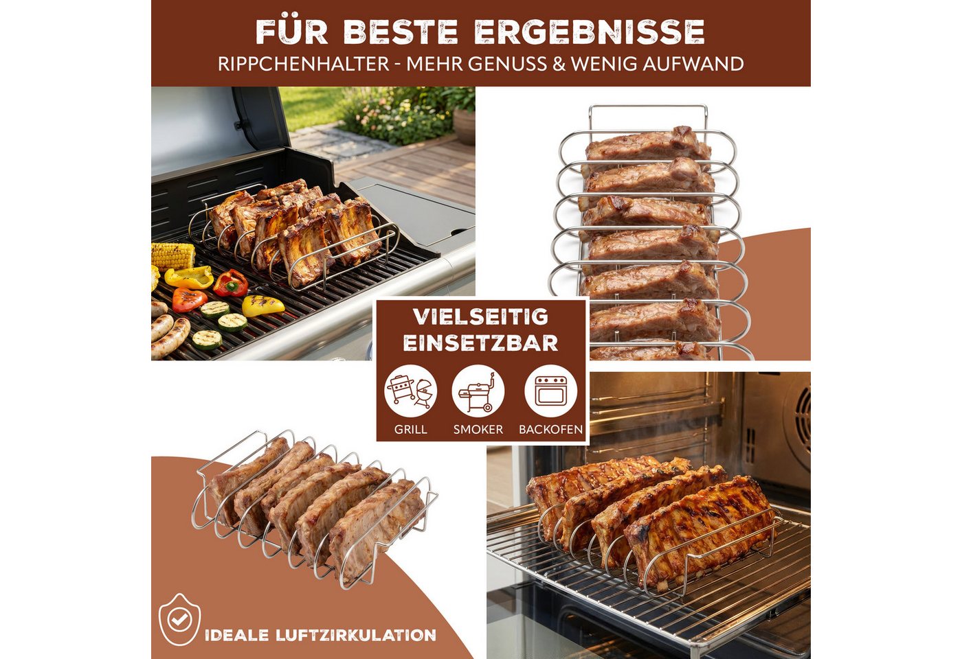 eluno Sparerib-Halter Spare Ribs Halter, aus Edelstahl mit Tragegriffen (1-St), Abstand zwischen den Rippenstäben: ca. 4,5 cm Bild 2