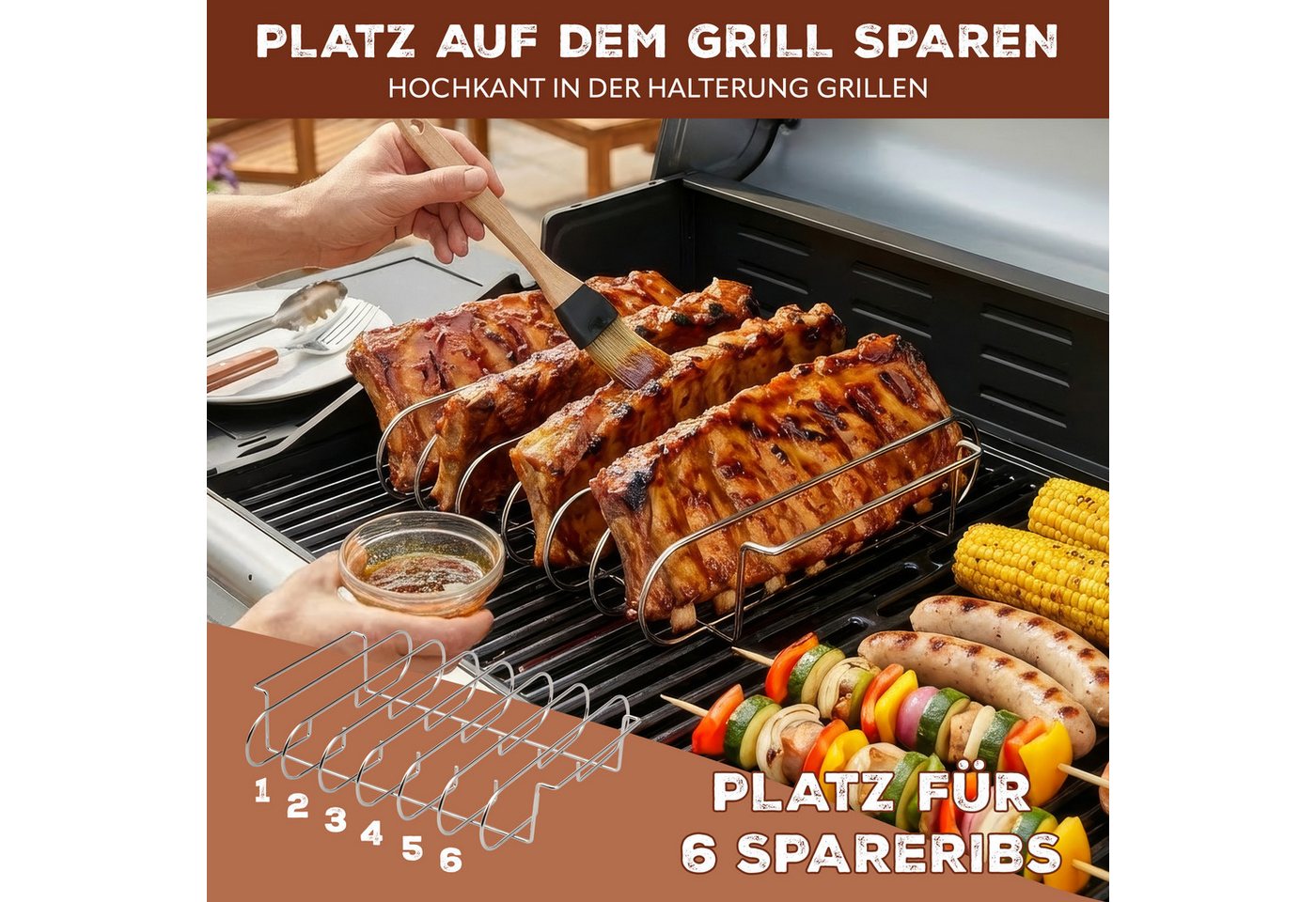 eluno Sparerib-Halter Spare Ribs Halter, aus Edelstahl mit Tragegriffen (1-St), Abstand zwischen den Rippenstäben: ca. 4,5 cm Bild 4