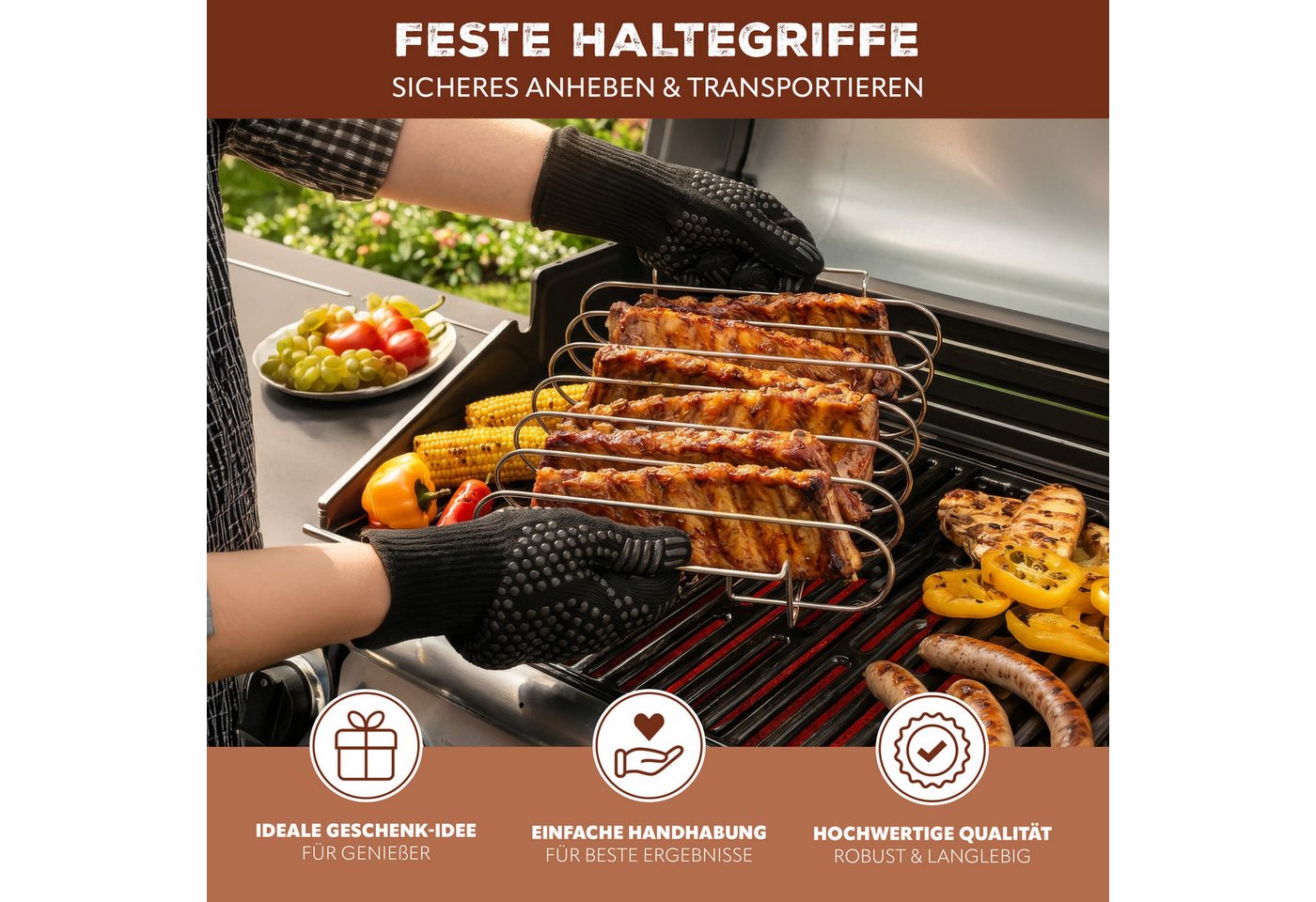 eluno Sparerib-Halter Spare Ribs Halter, aus Edelstahl mit Tragegriffen (1-St), Abstand zwischen den Rippenstäben: ca. 4,5 cm Bild 5
