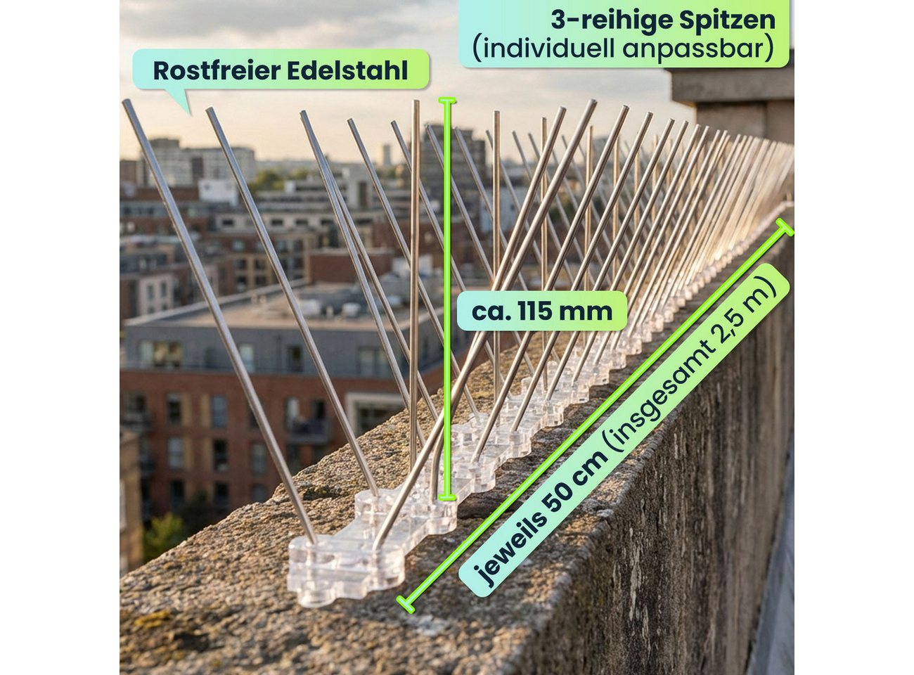 shop'n smile ideoon Taubenspikes Effektive 5er-Set Taubenabwehr Spikes, 3-reihig Edelstahl, 5-St., 2,5m individuell anpassbar-Robuste Abwehr Bild 4