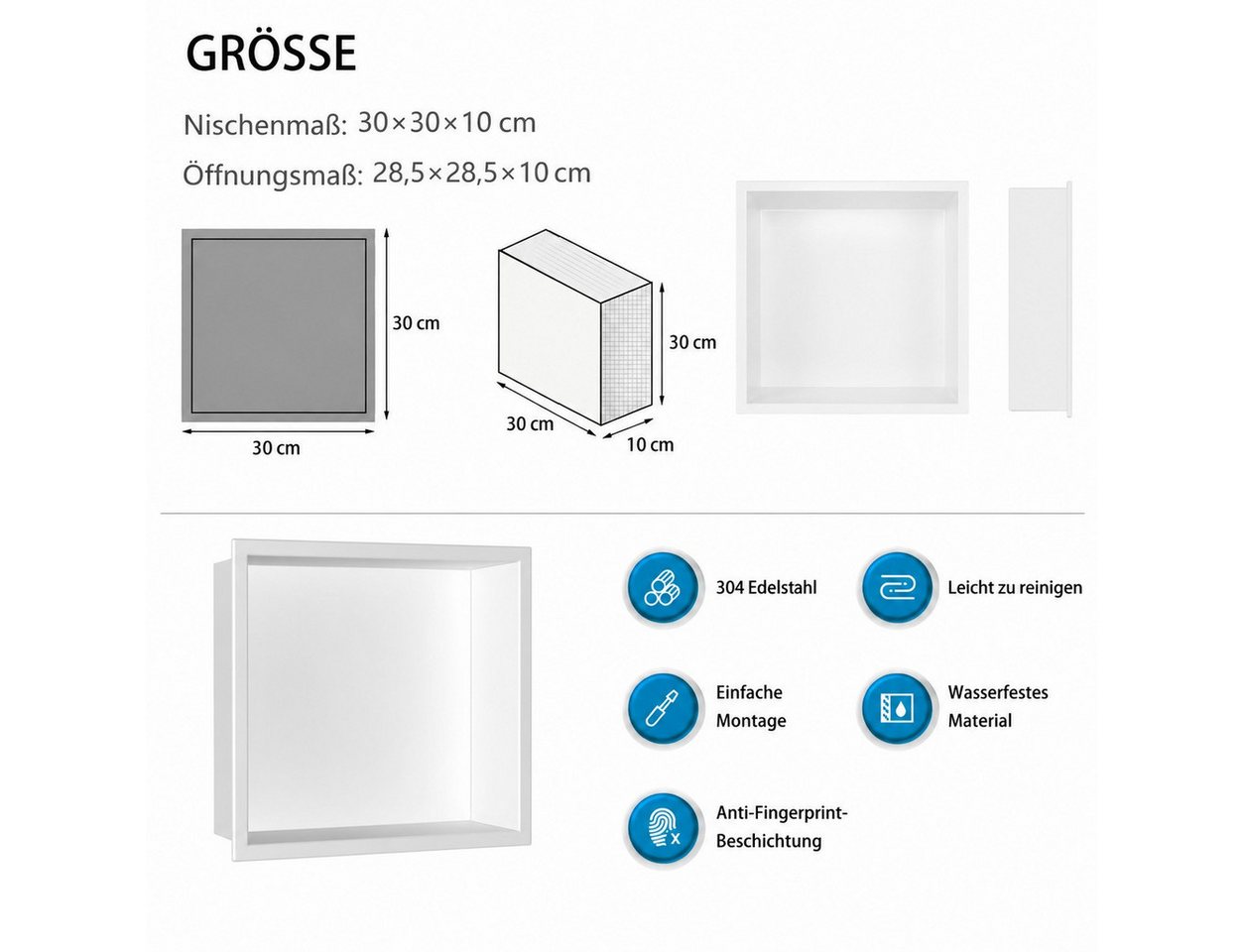 SaniteModar Duschwand Wandnische Dusche 30×30×10cm, Edelstahl, (1 tlg), Einzelregal zur Lagerung Bild 3