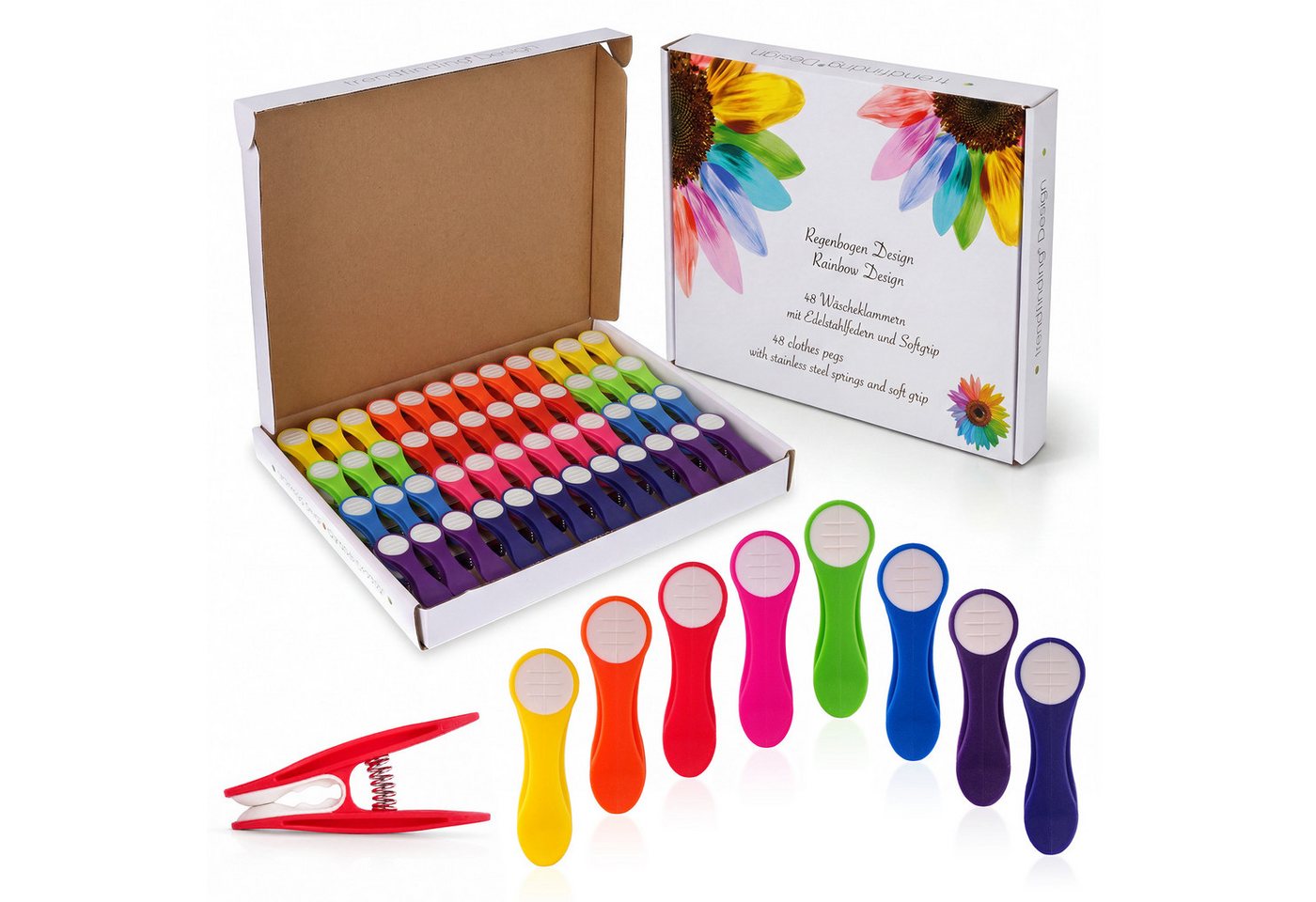 trendfinding Wäscheklammern Regenbogen mit Softgrip, Druckfedern aus Edelstahl, 70 Stk.