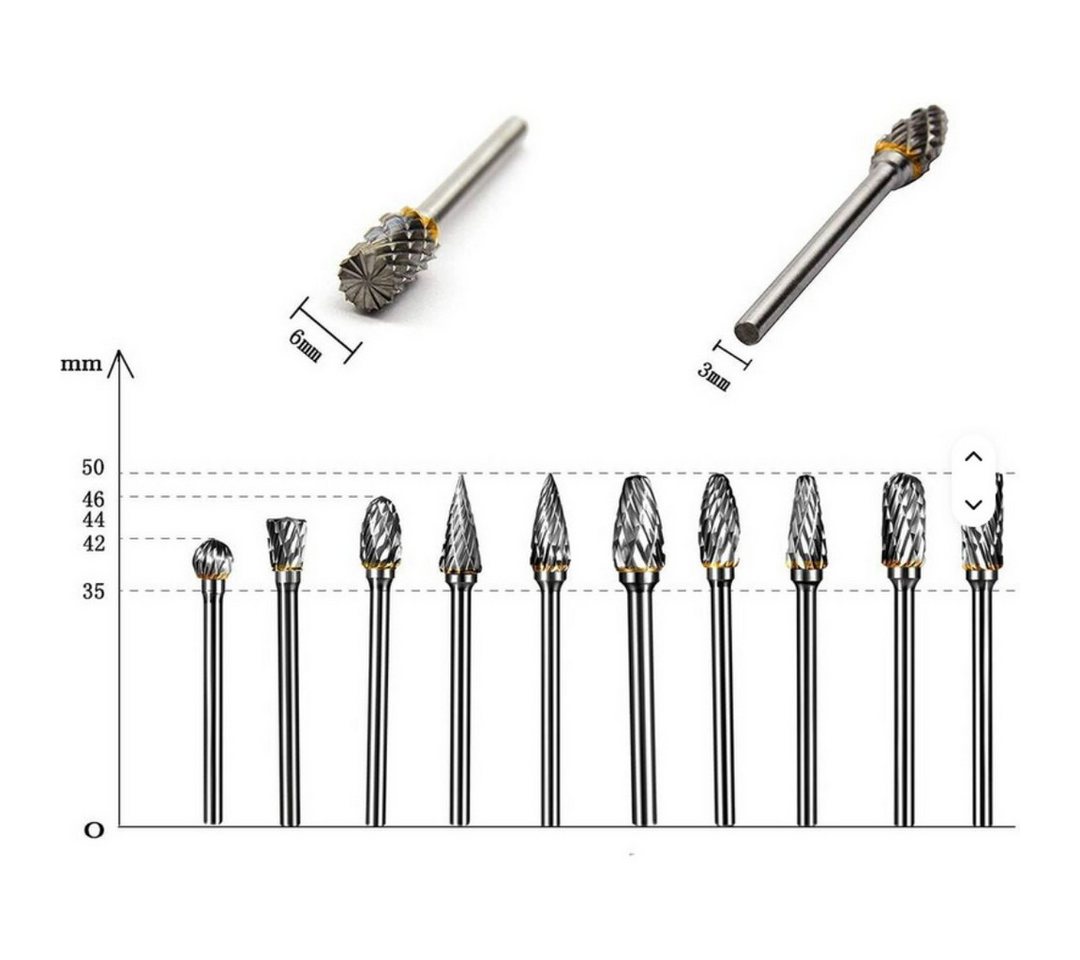RACEL Frässtift 10x Hartmetall Frässtifte 3mm Schaft Fräser Set für Metall, Set, 10-tlg., Hartmetall (Wolframcarbid), 3 mm Schaft Bild 2