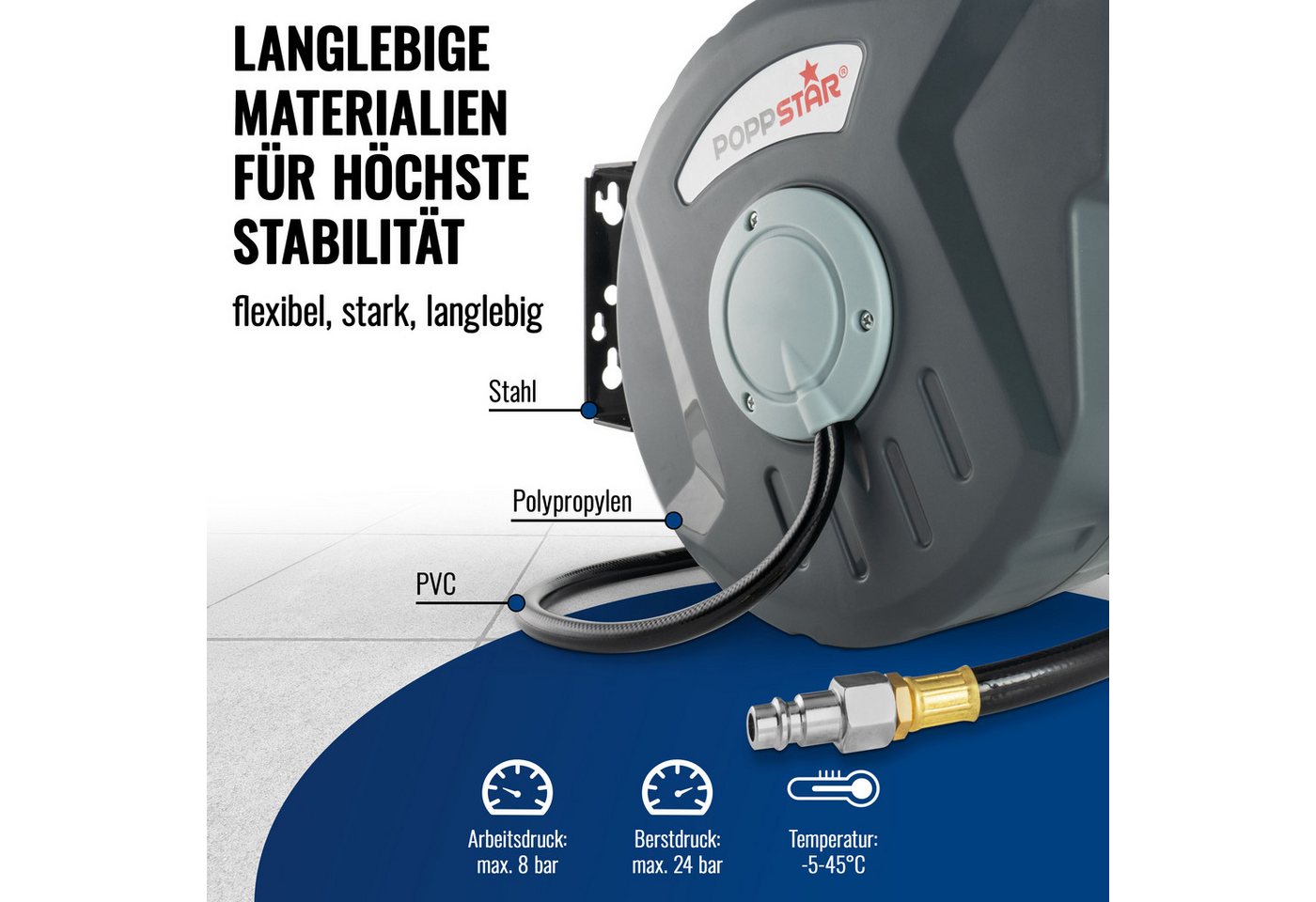 Poppstar Druckluftgeräte-Set Automatische Druckluftschlauchtrommel 10m, Schlauch: 10m + 1m, Innendurchmesser 5/16" (8x12mm), Schlauchtrommel mit Automatik Aufroller für Druckluft Schlauch