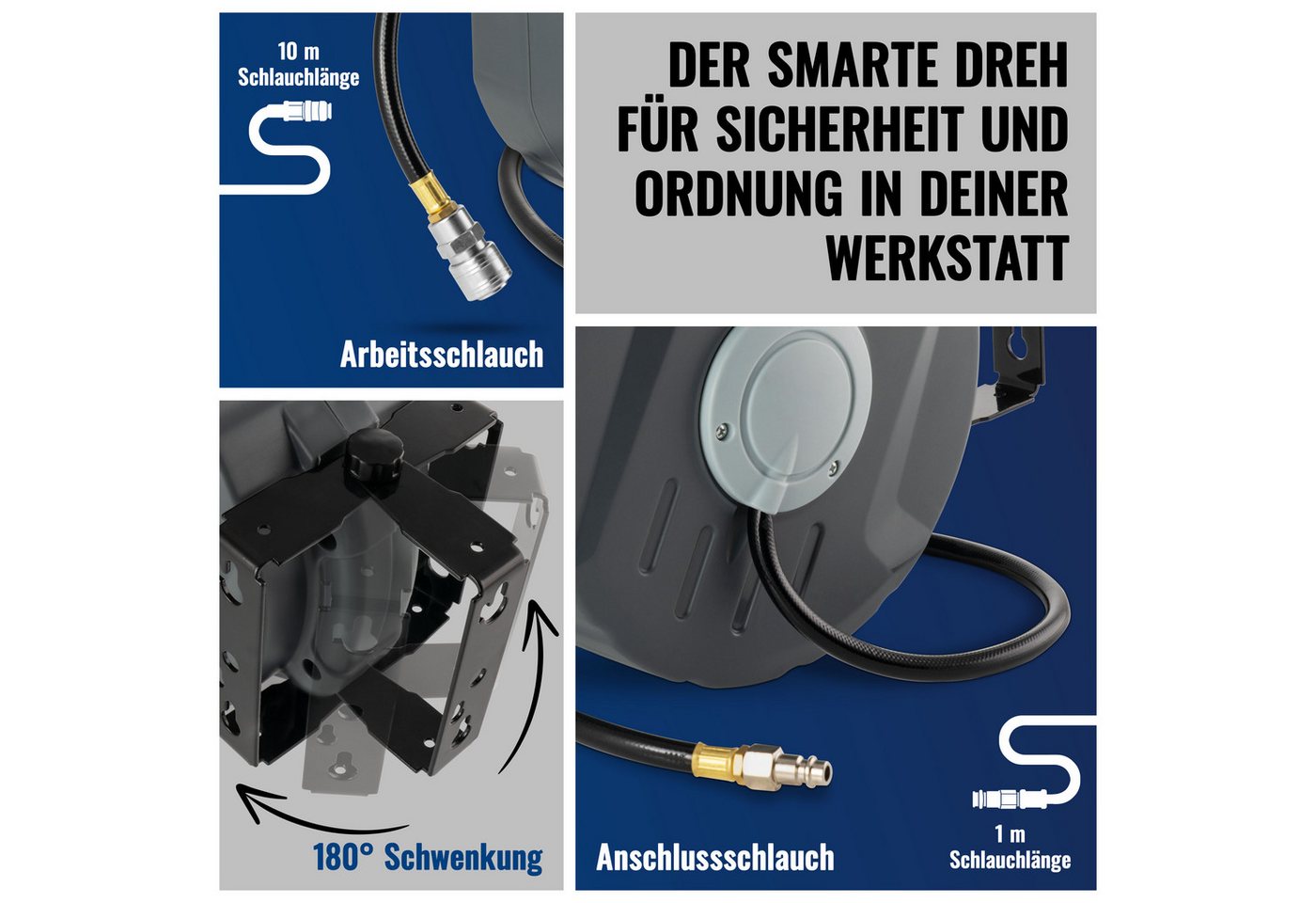 Poppstar Druckluftgeräte-Set Automatische Druckluftschlauchtrommel 10m, Schlauch: 10m + 1m, Innendurchmesser 5/16" (8x12mm), Schlauchtrommel mit Automatik Aufroller für Druckluft Schlauch Bild 2