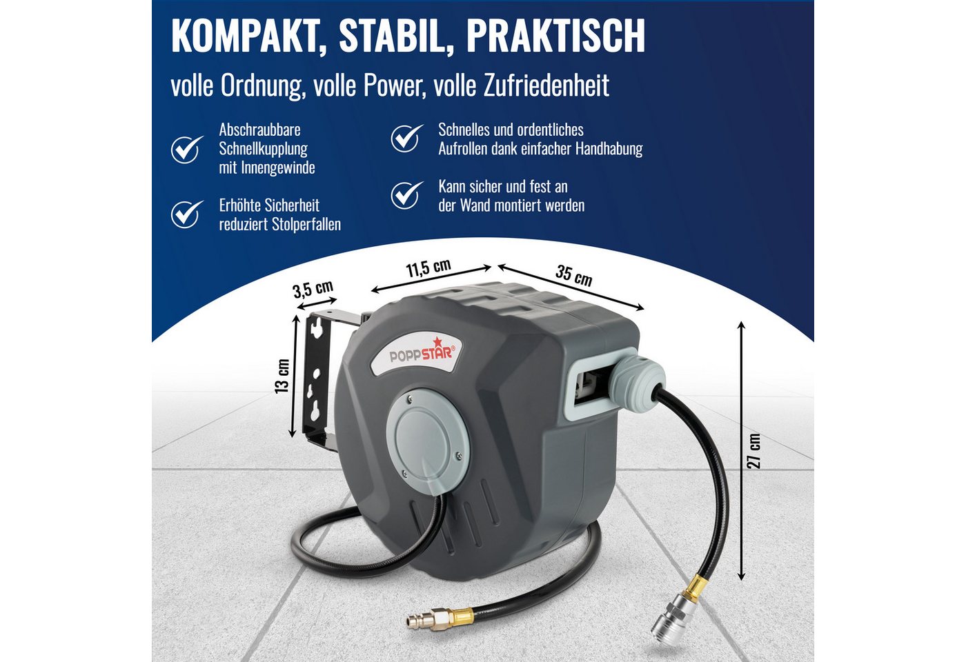 Poppstar Druckluftgeräte-Set Automatische Druckluftschlauchtrommel 10m, Schlauch: 10m + 1m, Innendurchmesser 5/16" (8x12mm), Schlauchtrommel mit Automatik Aufroller für Druckluft Schlauch Bild 3
