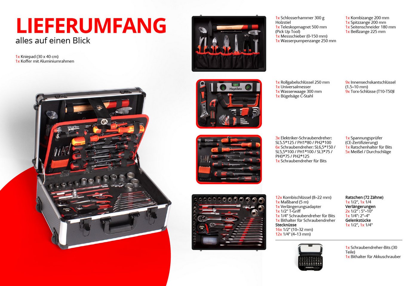 Mephisto-Tools Werkzeugset, (fertig montiert und bestückt), Werkzeug aus Chrom Vanadium, Teleskophandgriff im Koffer integriert Bild 4