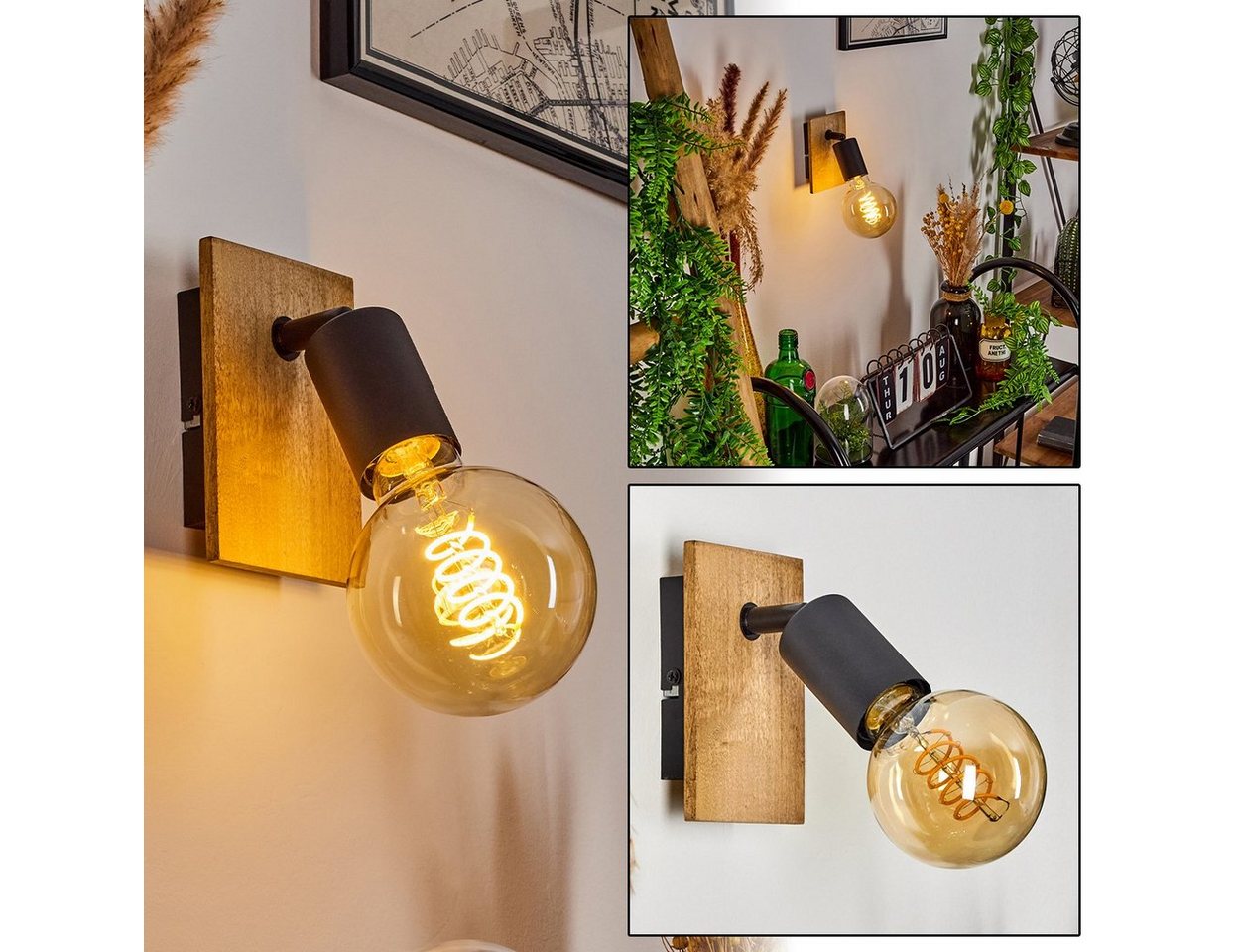 hofstein Wandleuchte »Agnino« Wandlampe aus Metall/Holz in Schwarz/Natur, ohne Leuchtmittel, Leuchte im Retro/Vintage Design mit verstellbarem Strahler, 1xE27