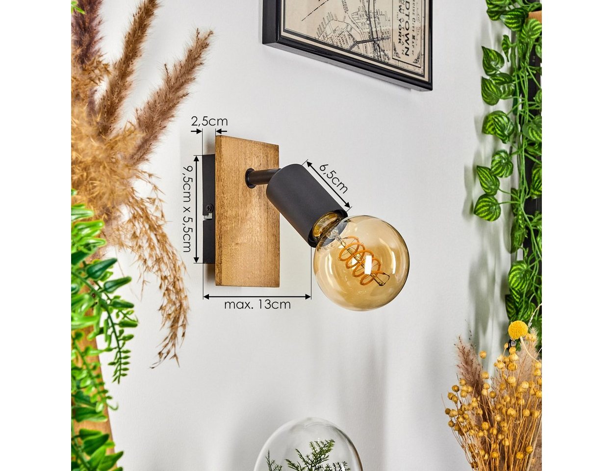 hofstein Wandleuchte »Agnino« Wandlampe aus Metall/Holz in Schwarz/Natur, ohne Leuchtmittel, Leuchte im Retro/Vintage Design mit verstellbarem Strahler, 1xE27 Bild 2