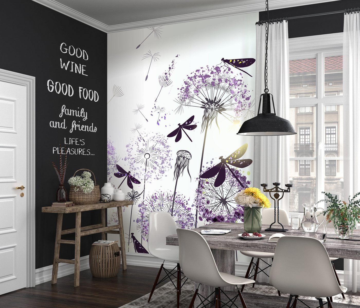 Newroom Vliestapete Delion Purple Tapete Blumentapete Pusteblumen,Libellen,Schmetterlinge, [ 1,5 x 2,7 m ] großzügiges Motiv - kein wiederkehrendes Muster - Fototapete Wandbild Pusteblumen Libellen Schmetterlinge Made in Germany, Frühling Bild 2