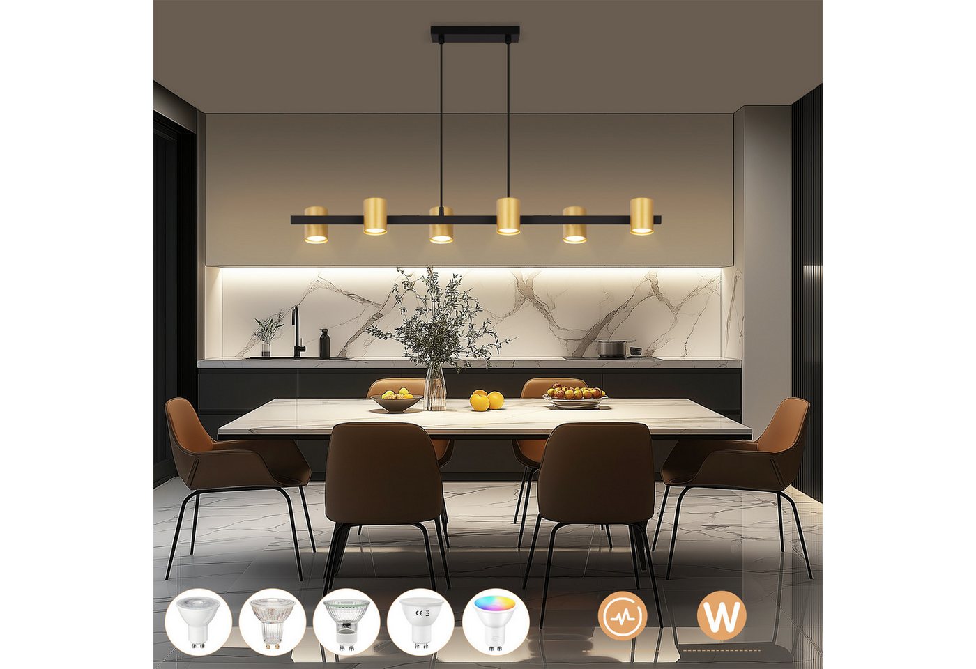 ZMH Pendelleuchte Esszimmer 6 Flammig Schwarz Gold GU10 Industrial Hängeleuchte, Glaskugel Hochwertige Design, ohne Leuchtmittel Bild 3