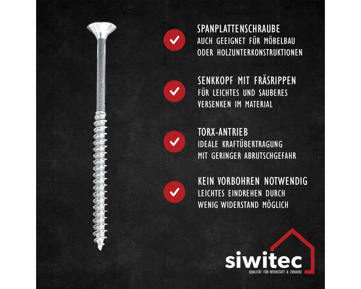 siwitec Schrauben-Set Schraubenbox 600-teilig Holzschrauben mit Senkkopf, Torx Bits