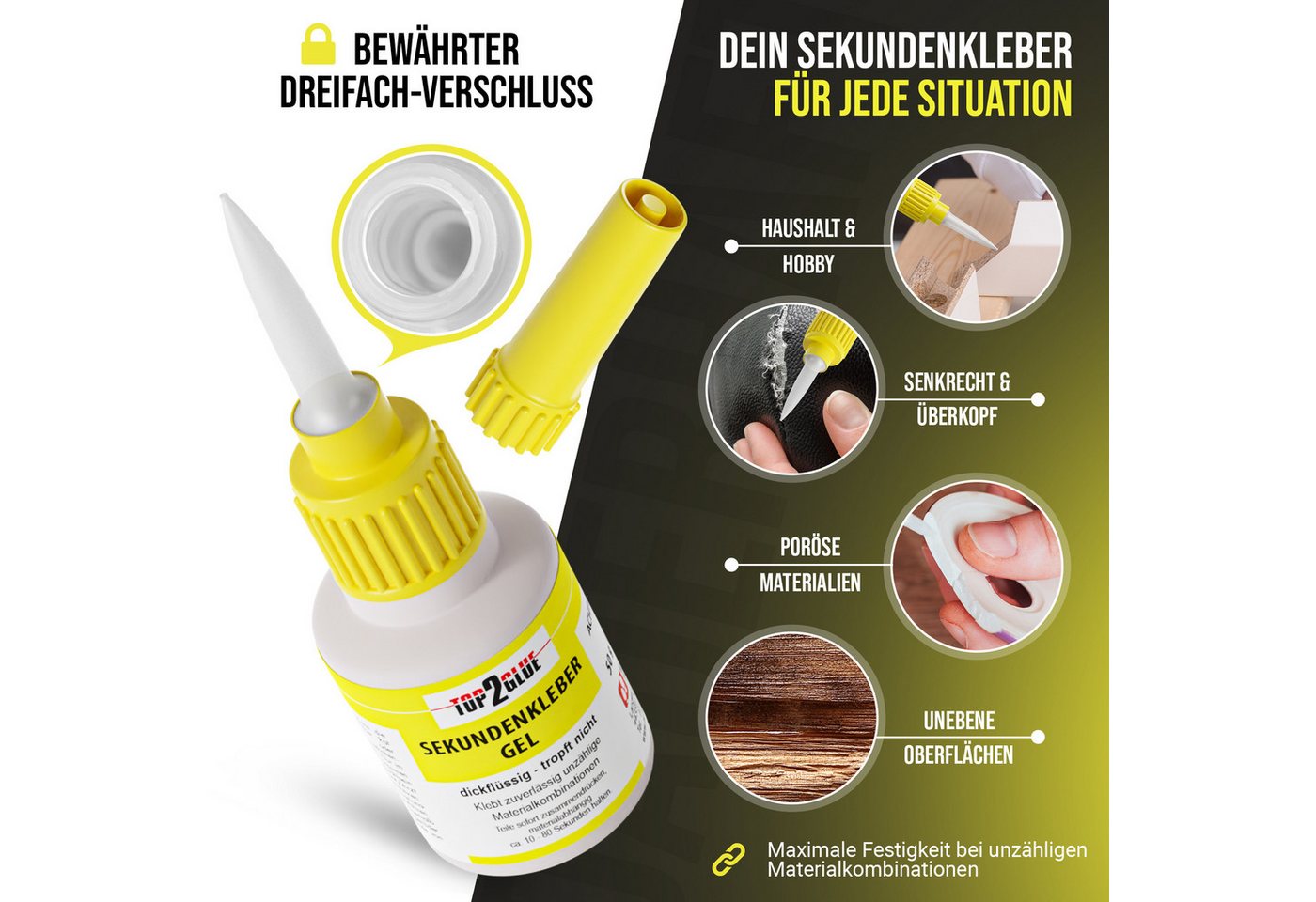 Top2Glue Sekundenkleber Top2Glue 3er Set Sekundenkleber, extra stark, diverse Viskositäten, (1-tlg)