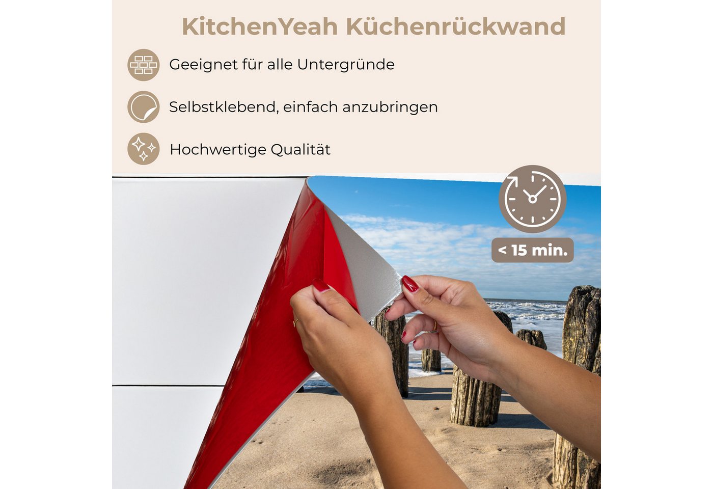 KitchenYeah Küchenrückwand selbstklebend Sand - Strand - Pfahl - Wasser - Sommer, (1-tlg), Spritzschutz, Küche, Rückwand, Küchenwand, Küchenfront, 80x60 cm