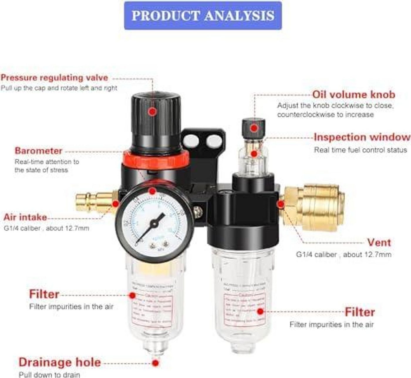 FELIXLEO Druckregler 1 4 Zoll Druckluft Druckminderer Wasserabscheider mit Manometer, (1-St) Bild 3