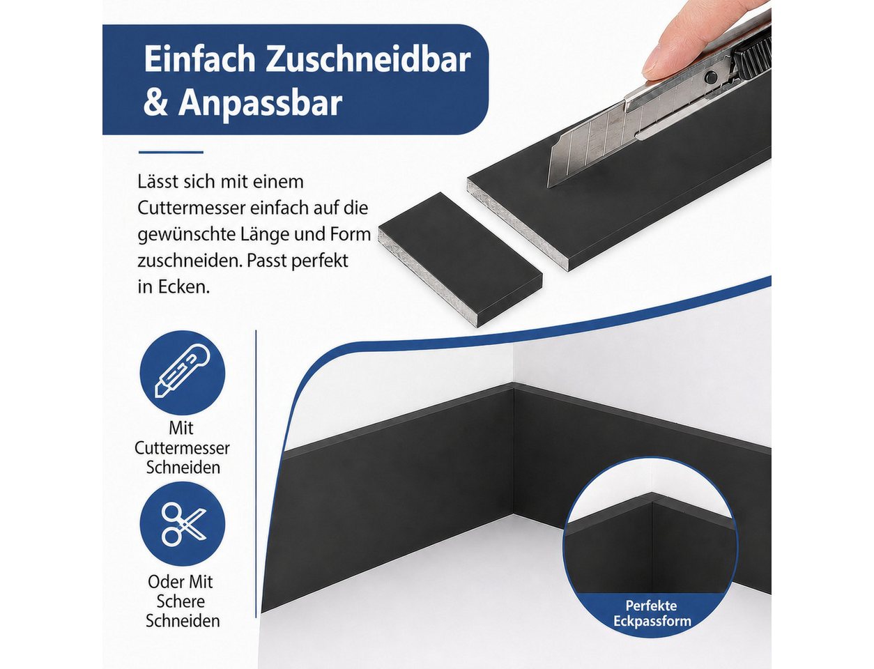 BlingBin Sockelleiste Selbstklebende, zuschneidbare Wandleiste mit PVC-Oberfläche, L: 45 cm, H: 12 cm, 10er Set, 10-St., 10 Stück, PVC Laminatleisten Fussleisten, Dekore Wandaufkleber