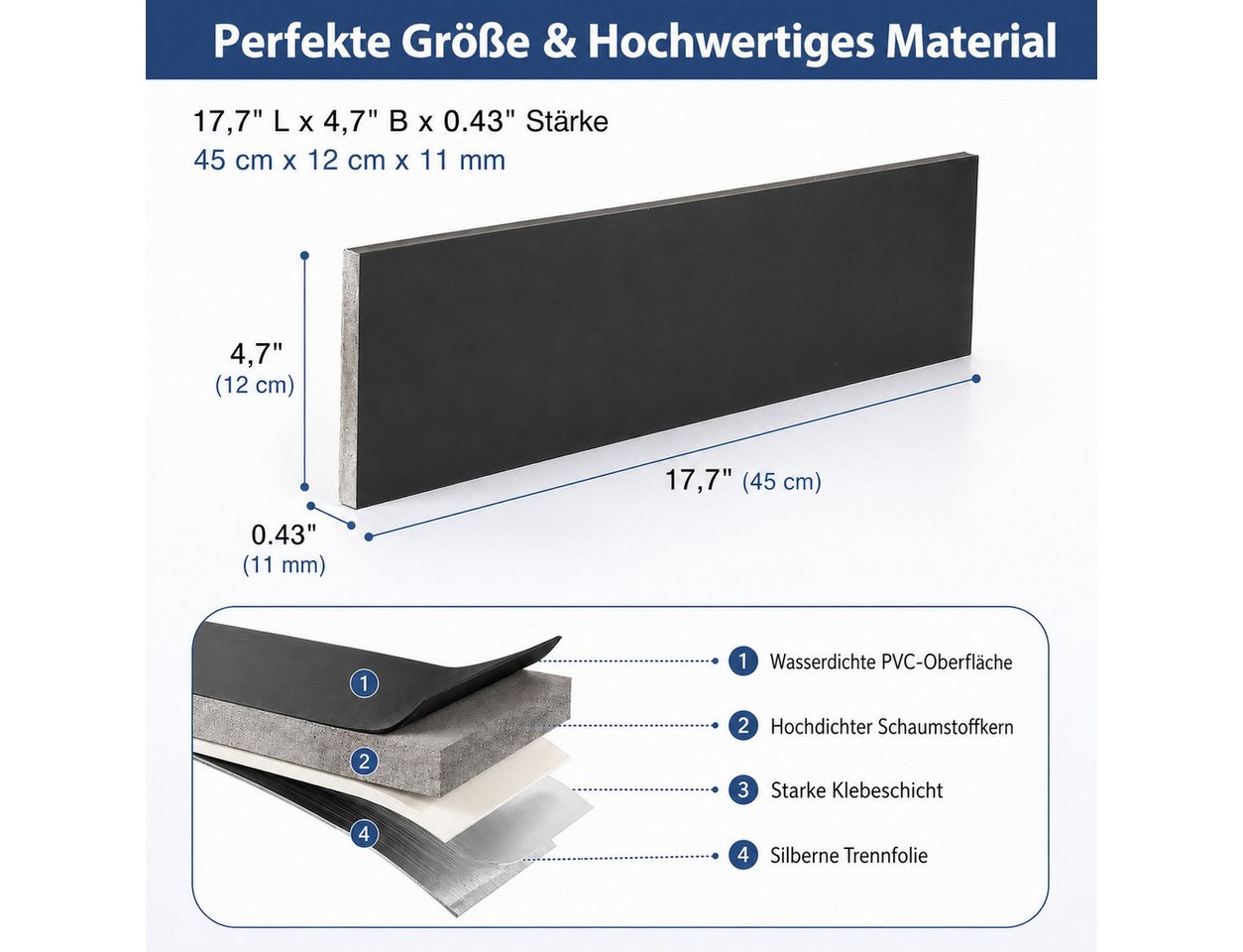 BlingBin Sockelleiste Selbstklebende, zuschneidbare Wandleiste mit PVC-Oberfläche, L: 45 cm, H: 12 cm, 10er Set, 10-St., 10 Stück, PVC Laminatleisten Fussleisten, Dekore Wandaufkleber Bild 2