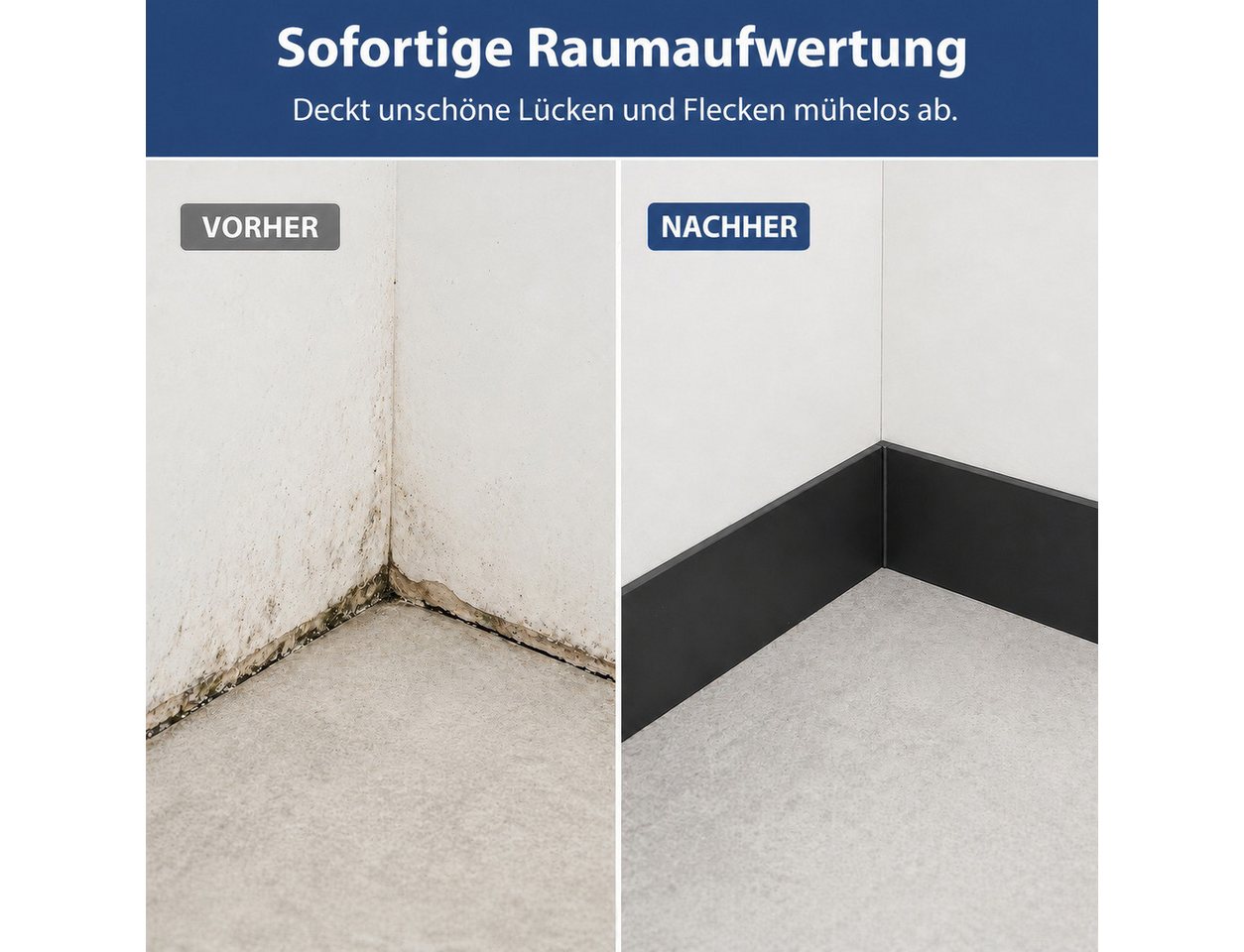 BlingBin Sockelleiste Selbstklebende, zuschneidbare Wandleiste mit PVC-Oberfläche, L: 45 cm, H: 12 cm, 10er Set, 10-St., 10 Stück, PVC Laminatleisten Fussleisten, Dekore Wandaufkleber Bild 5
