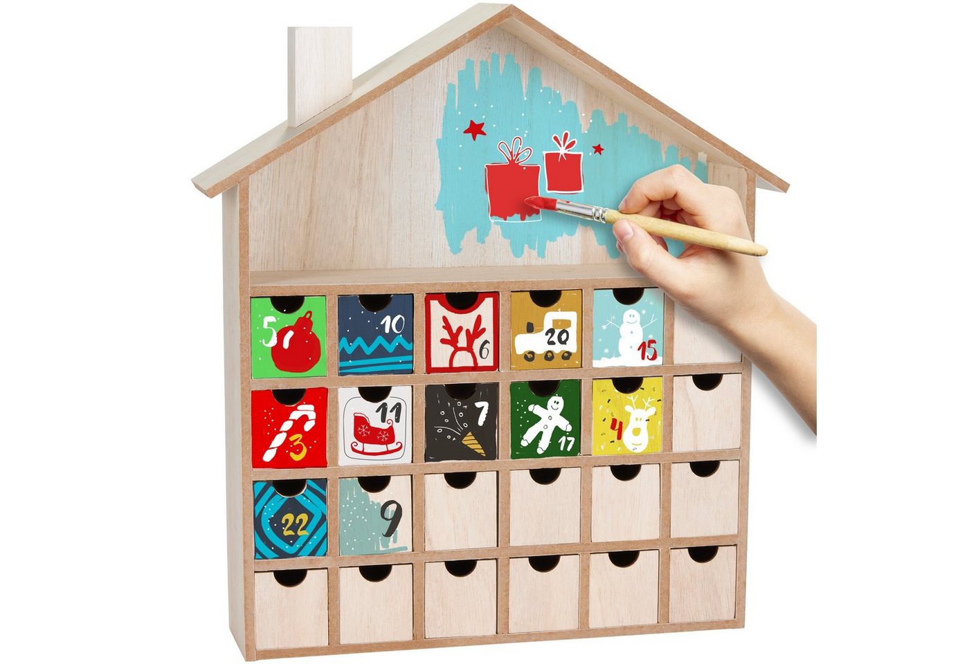 BRUBAKER befüllbarer Adventskalender DIY Weihnachtskalender zum Bemalen und Befüllen - Blanko 33,3 cm hoch (1-tlg), Holz Kalender - Weihnachtshaus zum Selbstgestalten Bild 2