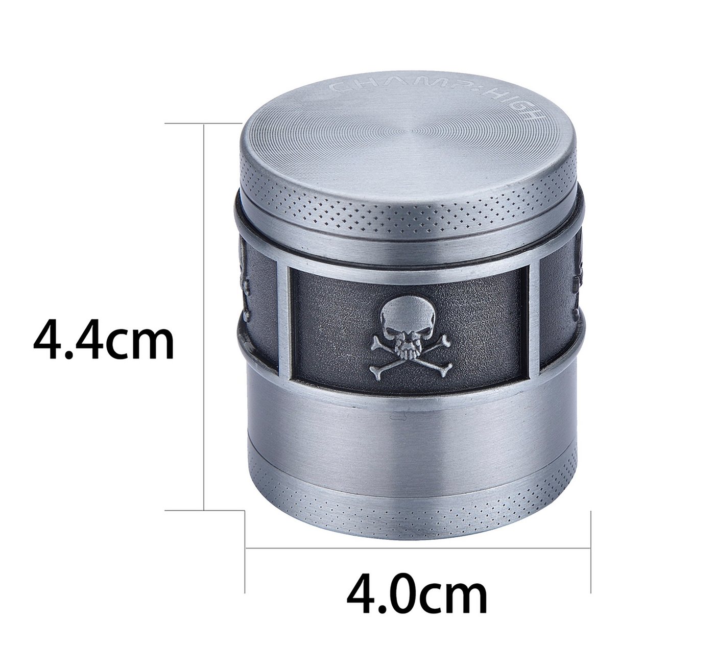 CHAMP HIGH Kräutermühle GRINDER "Totenkopf" 40mm 4-teilig Metall Crusher Sieb 030 (Silber), Skull Tabak Gewürz Kräuter Mühle Herb