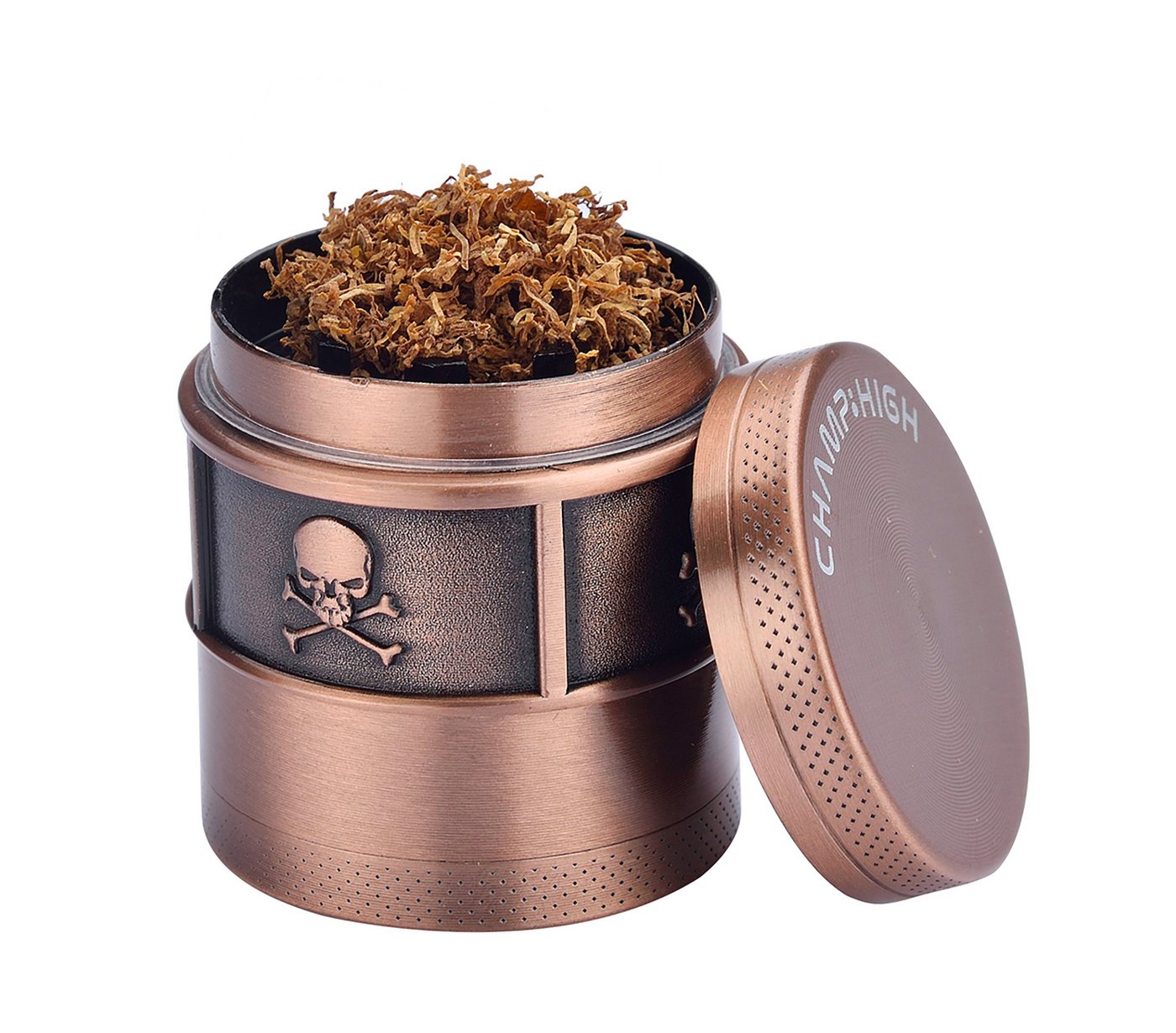 CHAMP HIGH Kräutermühle GRINDER "Totenkopf" 40mm 4-teilig Metall Crusher Sieb 030 (Silber), Skull Tabak Gewürz Kräuter Mühle Herb Bild 4