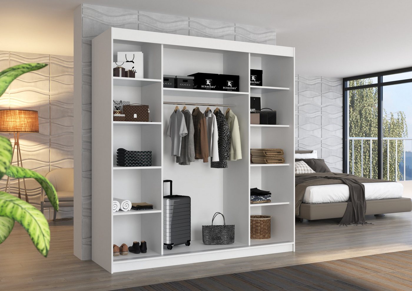 MOEBLO Schiebetürenschrank Noreva 200 (mit Spiegeltüren – Moderner Kleiderschrank für stilvolle Ordnung, Schwebetürenschrank 2-türig Schrank Garderobe Schiebtüren Schlafzimmer) (BxHxT): 200 x 215 x 58 cm Bild 3