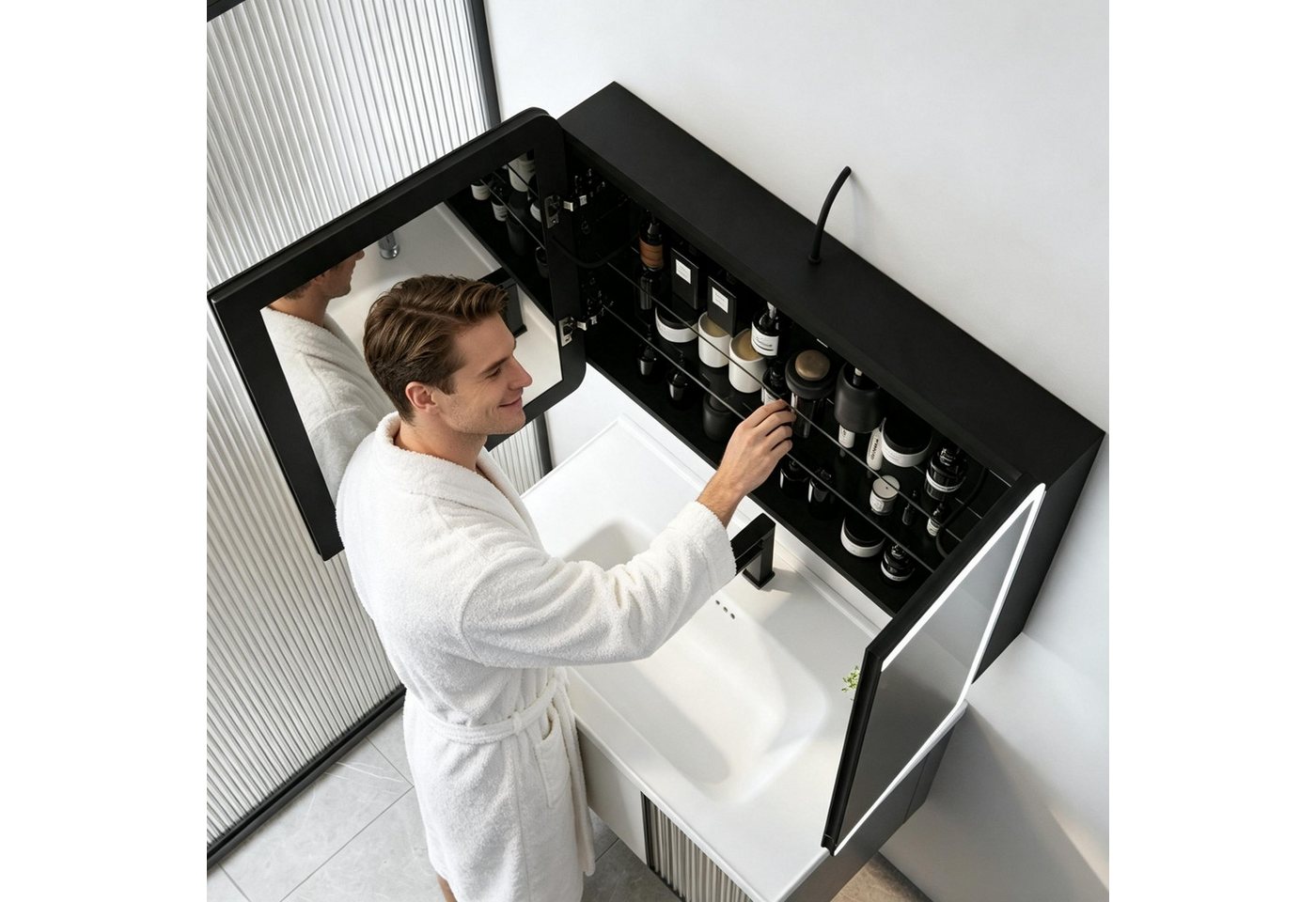 WDWRITTI Badezimmerspiegelschrank LED Spiegelschrank Schwarz Weiß Aluminum Badezimmer Schrank (Hängeschrank Badschrank 2-türig Eckig Rechteckig, 80x13,5x60cm) Doppelseitiger HD-Spiegel, 3Lichtmodi, Dimmbar, Anti-fog, Memory