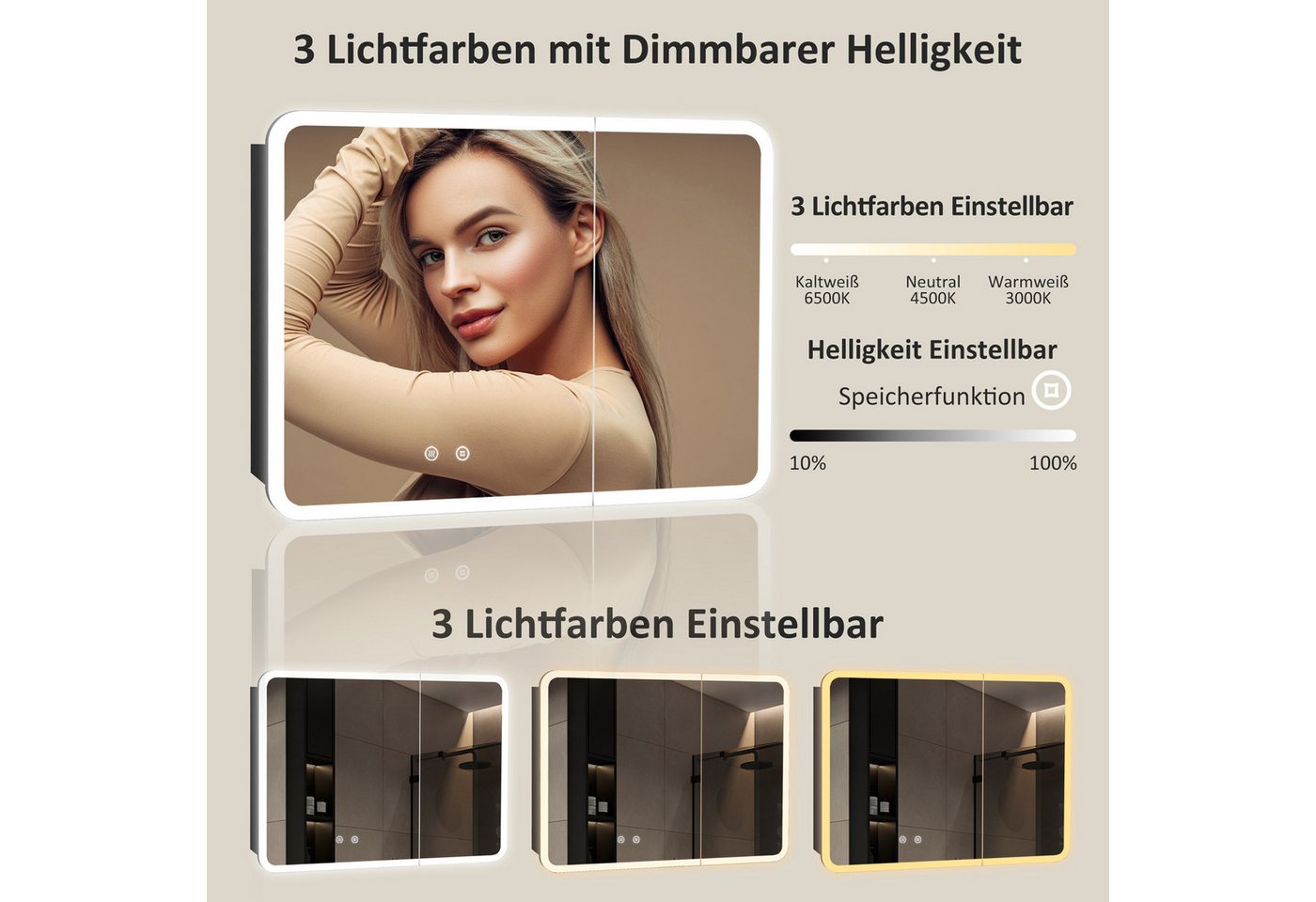 WDWRITTI Badezimmerspiegelschrank LED Spiegelschrank Schwarz Weiß Aluminum Badezimmer Schrank (Hängeschrank Badschrank 2-türig Eckig Rechteckig, 80x13,5x60cm) Doppelseitiger HD-Spiegel, 3Lichtmodi, Dimmbar, Anti-fog, Memory Bild 2