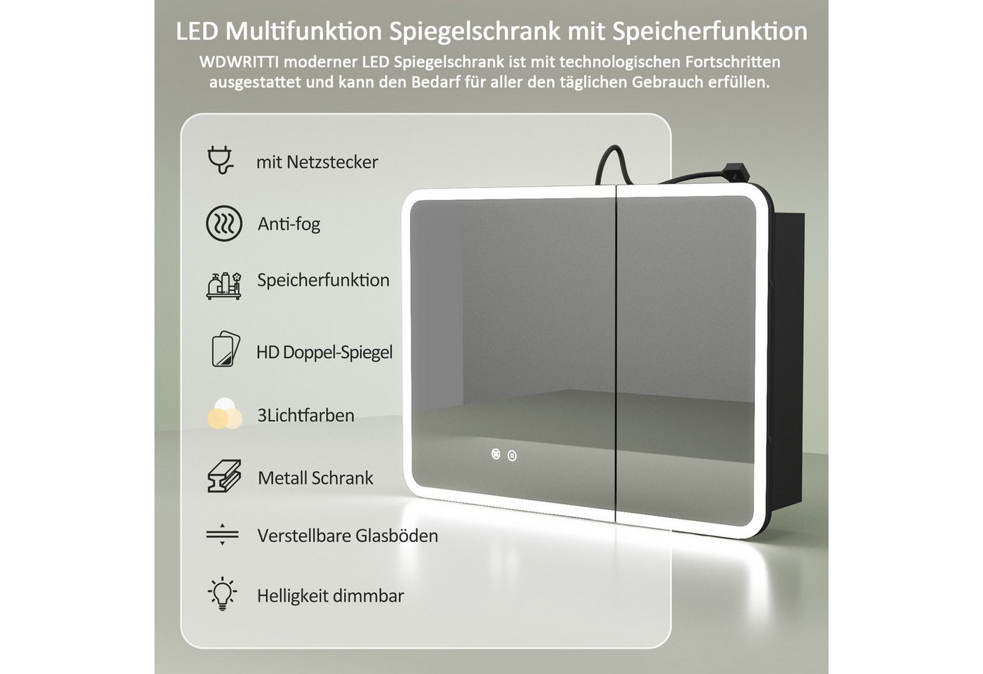 WDWRITTI Badezimmerspiegelschrank LED Spiegelschrank Schwarz Weiß Aluminum Badezimmer Schrank (Hängeschrank Badschrank 2-türig Eckig Rechteckig, 80x13,5x60cm) Doppelseitiger HD-Spiegel, 3Lichtmodi, Dimmbar, Anti-fog, Memory Bild 3