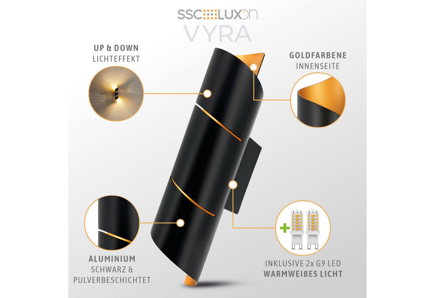 SSC-LUXon LED Wandleuchte Wandlampe VYRA LINE schwarz Up & Down inkl. G9 LED 3W warmweiß dimmbar, Warmweiß