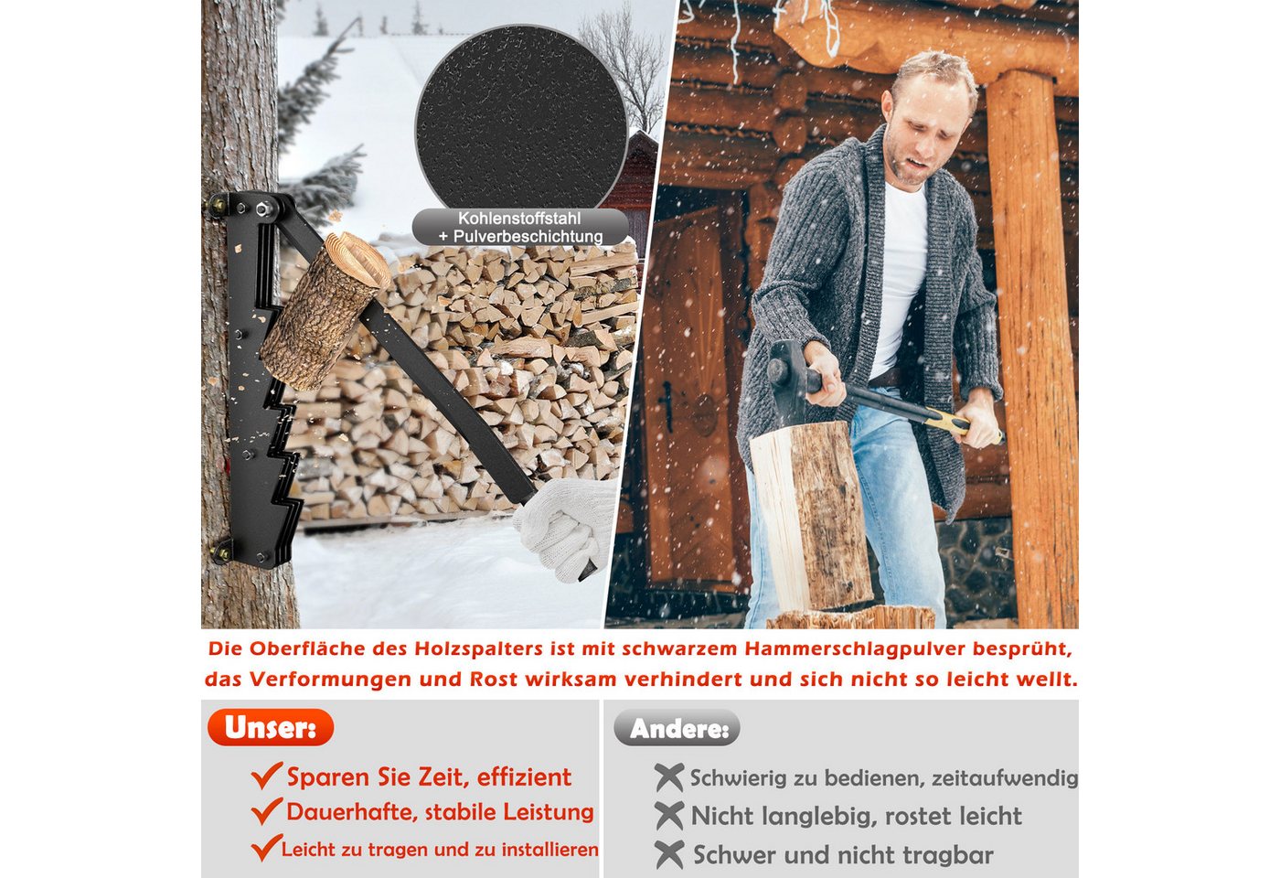 FIVMEN Holzspalter Handholzspalter mit Holzgriff Gusseisen Manuell Brennholzspalter, für Anzündholz, Kaminholz Wood Splitter zum Holzspalten Indoor Outdoor Bild 4