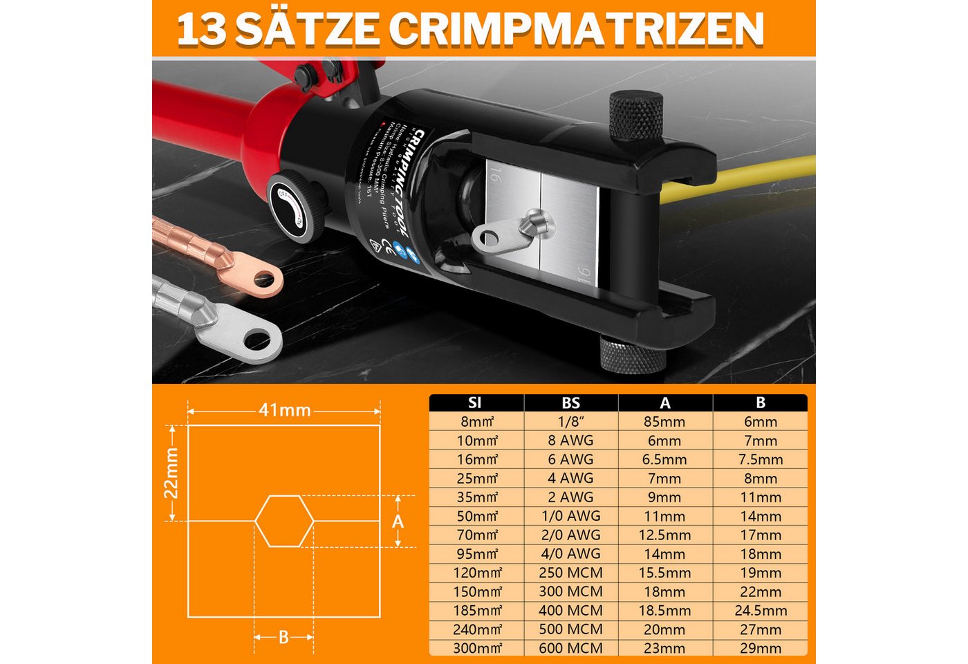 XERSEK Crimpzange Hydraulikzange inkl. 13 Einsätzen & Kabelschere Zange mit Hydraulik, Set 16-tlg., Crimpbereich: 8–300mm², Maximaldruck: 16T, Crimpformen für Kupfer-Aluminium-Kabelschuhe