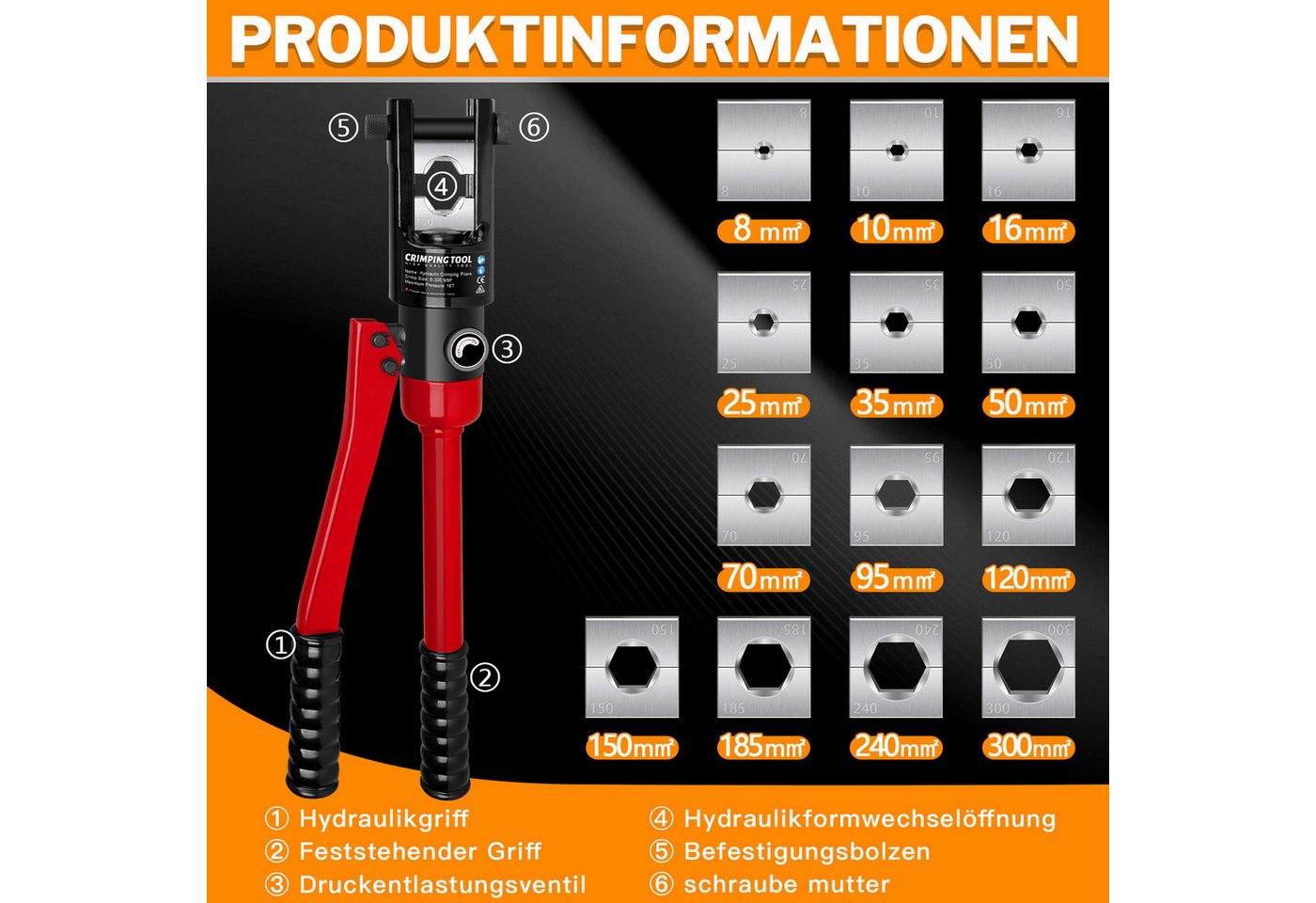 XERSEK Crimpzange Hydraulikzange inkl. 13 Einsätzen & Kabelschere Zange mit Hydraulik, Set 16-tlg., Crimpbereich: 8–300mm², Maximaldruck: 16T, Crimpformen für Kupfer-Aluminium-Kabelschuhe Bild 3