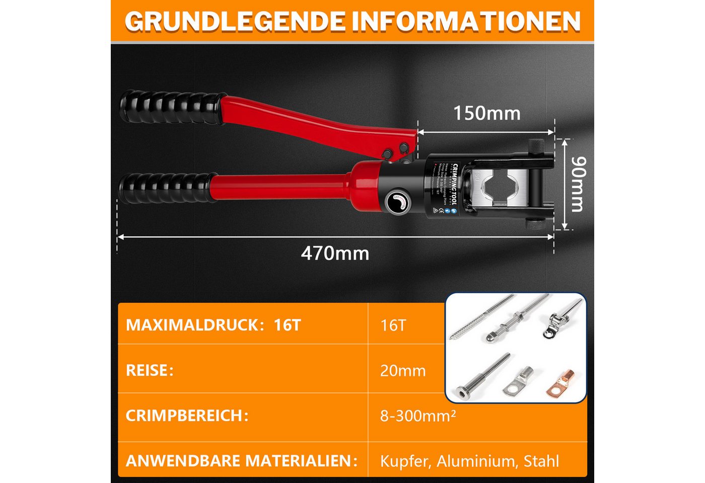 XERSEK Crimpzange Hydraulikzange inkl. 13 Einsätzen & Kabelschere Zange mit Hydraulik, Set 16-tlg., Crimpbereich: 8–300mm², Maximaldruck: 16T, Crimpformen für Kupfer-Aluminium-Kabelschuhe Bild 4