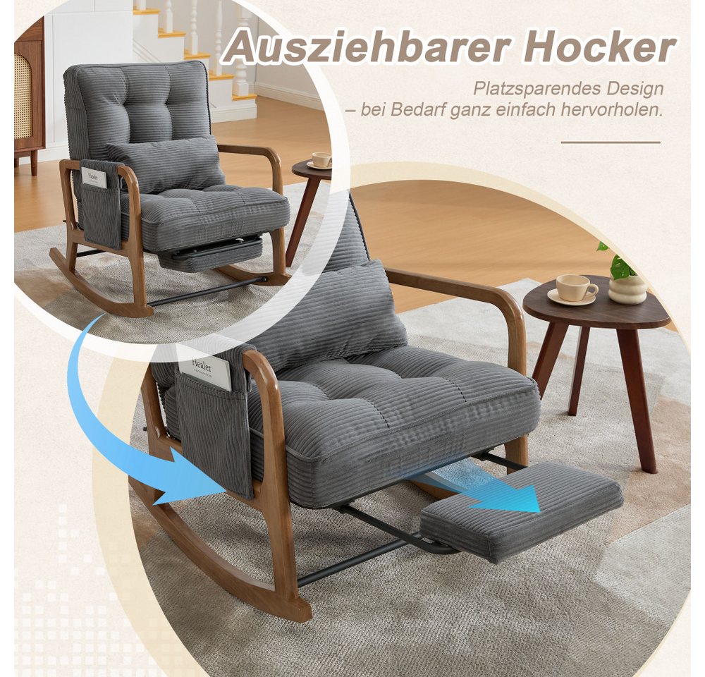 BBWL Schaukelstuhl Fußstütze Lendenkissen verstellbare Rückenlehne, mit Seitentasche, Schaukelstuhl Cord, 150kg für Wohnzimmer Schlafzimmer Kinderzimmer Bild 4