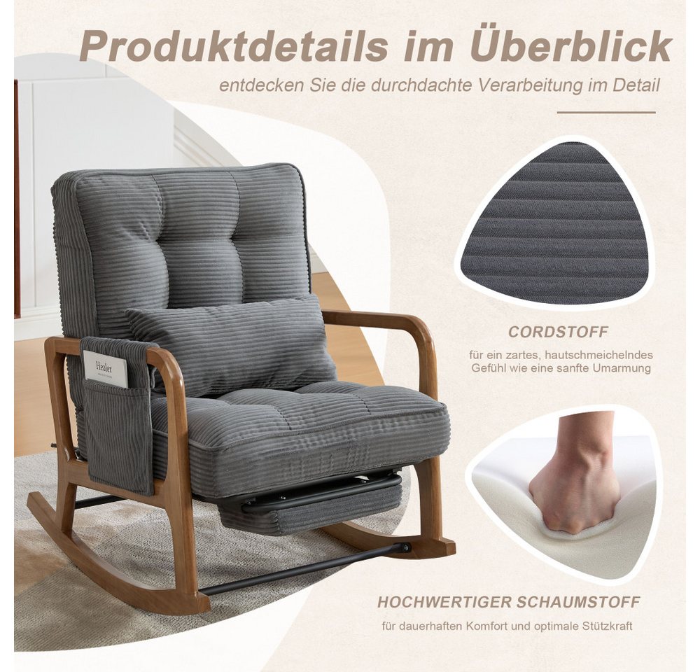 BBWL Schaukelstuhl Fußstütze Lendenkissen verstellbare Rückenlehne, mit Seitentasche, Schaukelstuhl Cord, 150kg für Wohnzimmer Schlafzimmer Kinderzimmer Bild 5