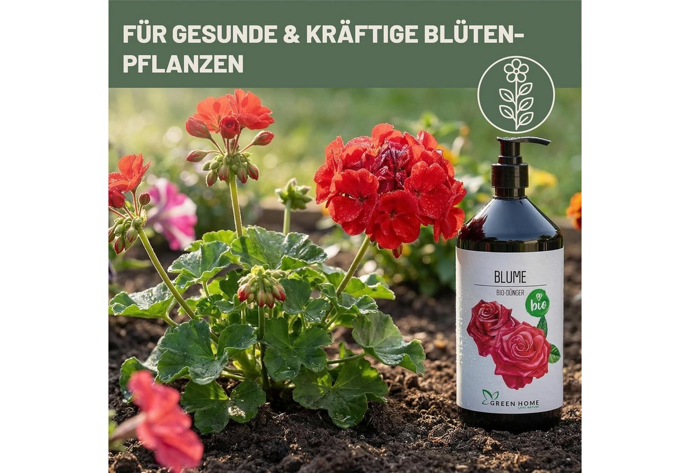 GREEN HOME LOVE NATURE Blumendünger Bio-Dünger flüssig NPK 3+2+6 für Blüh- & Zimmerpflanzen, Blumen, 100 % bio, organisch-mineralisch, extra Kalium, Dosierpumpe Bild 2
