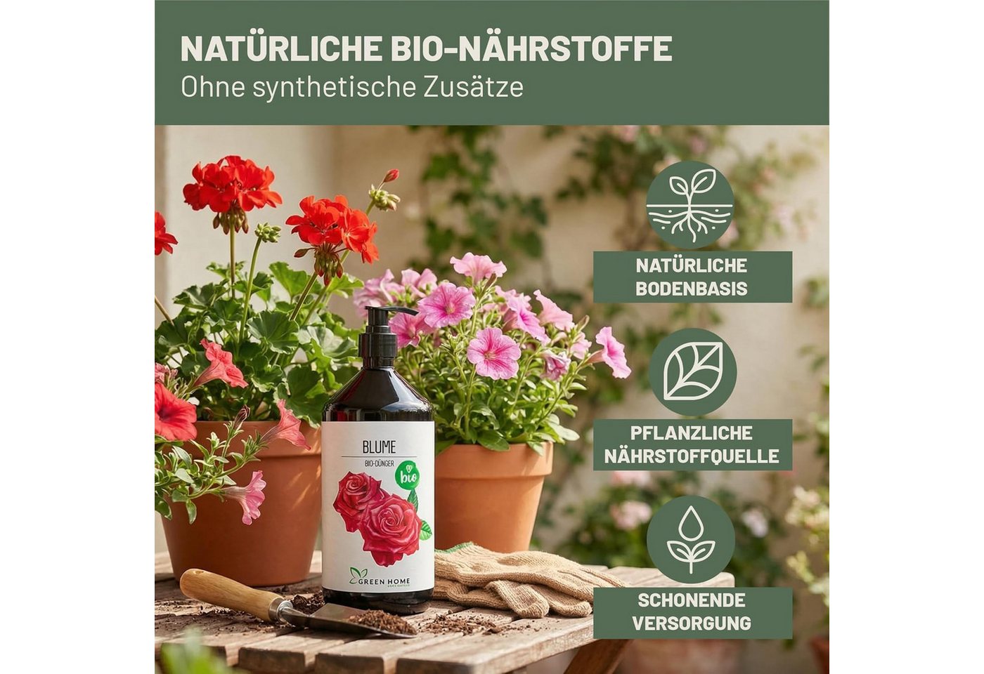 GREEN HOME LOVE NATURE Blumendünger Bio-Dünger flüssig NPK 3+2+6 für Blüh- & Zimmerpflanzen, Blumen, 100 % bio, organisch-mineralisch, extra Kalium, Dosierpumpe Bild 3