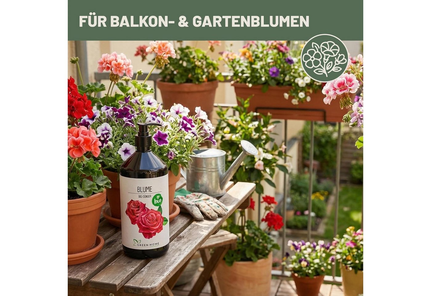 GREEN HOME LOVE NATURE Blumendünger Bio-Dünger flüssig NPK 3+2+6 für Blüh- & Zimmerpflanzen, Blumen, 100 % bio, organisch-mineralisch, extra Kalium, Dosierpumpe Bild 4