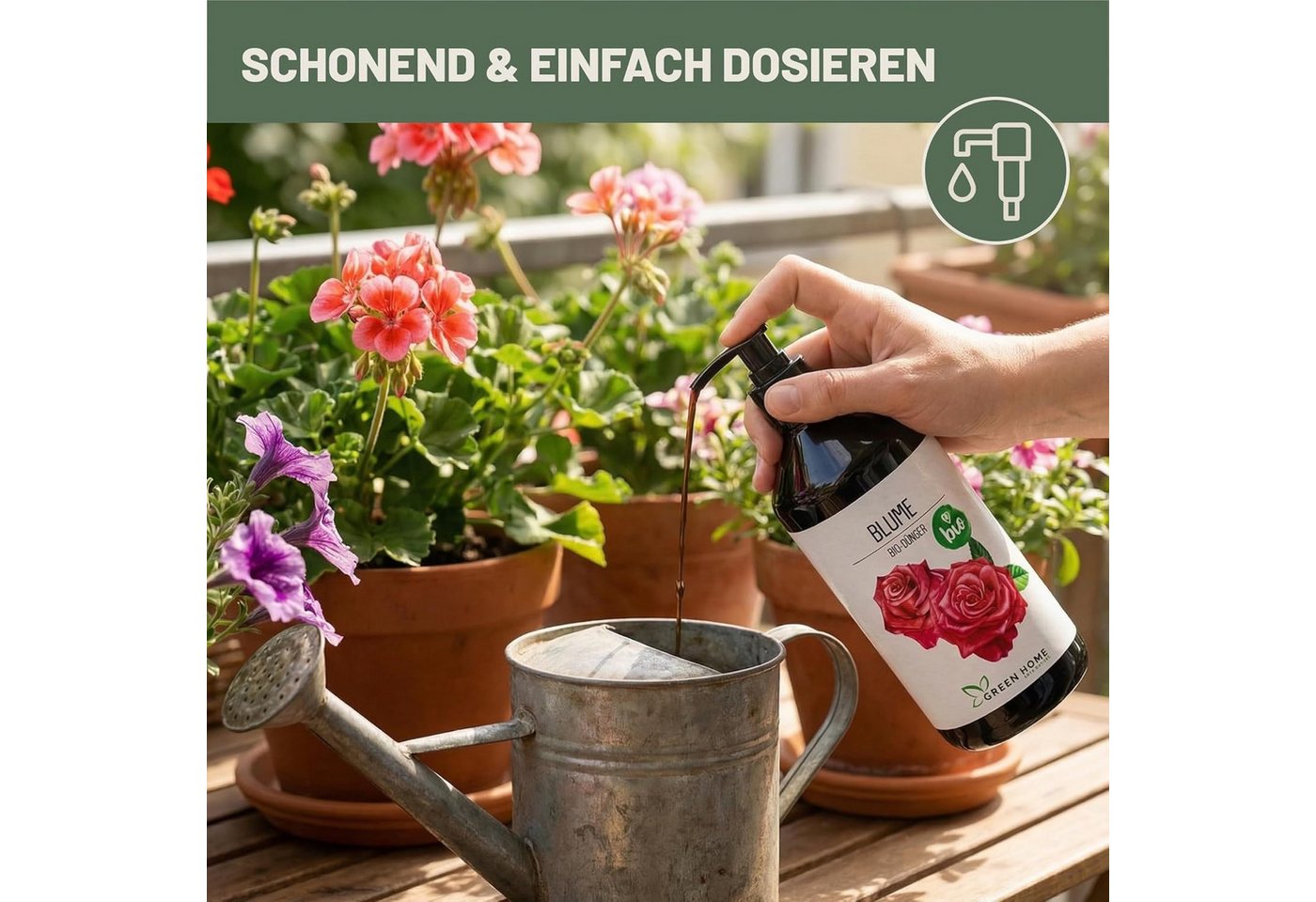 GREEN HOME LOVE NATURE Blumendünger Bio-Dünger flüssig NPK 3+2+6 für Blüh- & Zimmerpflanzen, Blumen, 100 % bio, organisch-mineralisch, extra Kalium, Dosierpumpe Bild 5