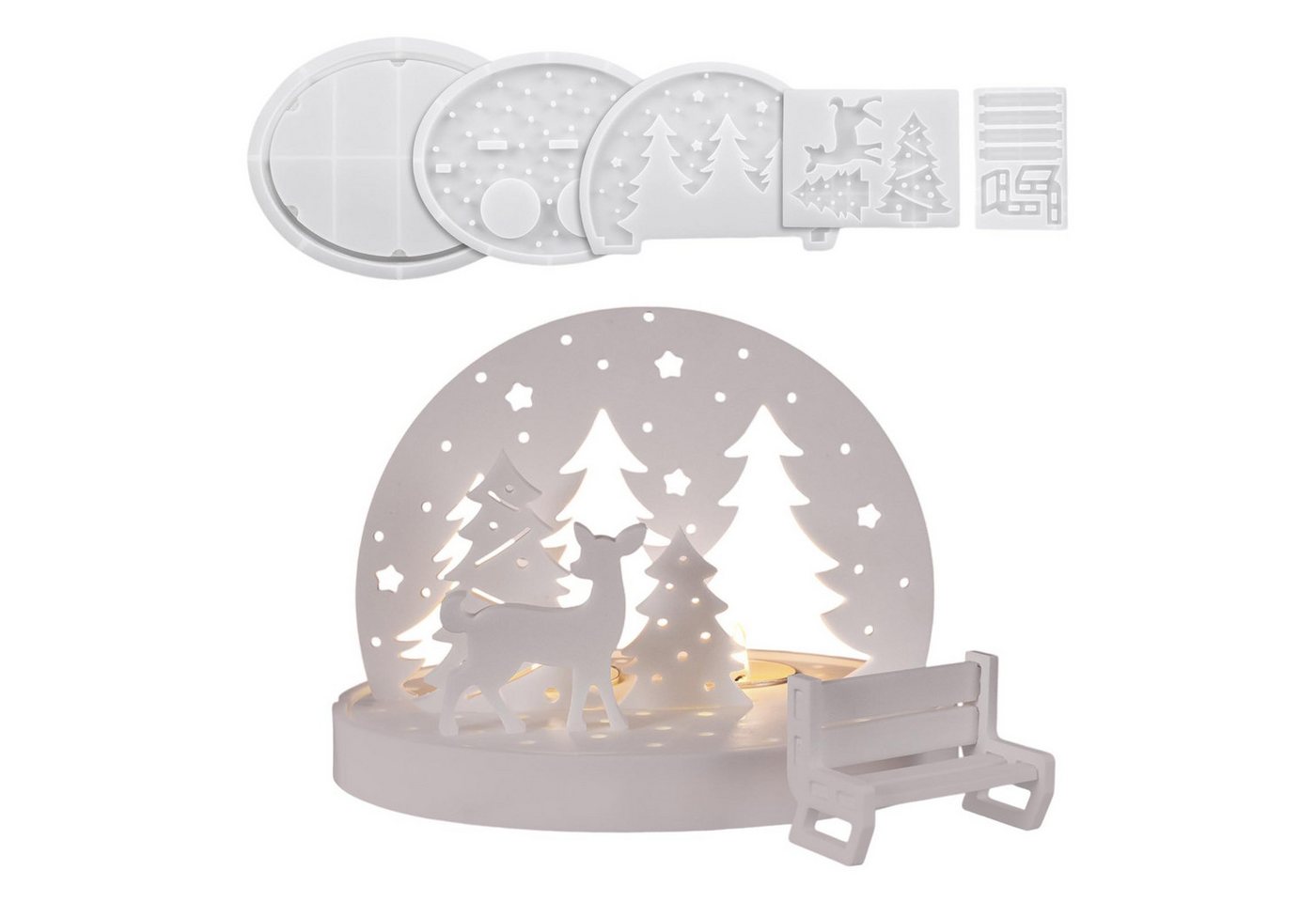 Diwzbyn Silikonform 5 Stück Weihnachts-Silikon-Gießform Set, Kerzenformen Zum Gießen, (5-tlg), Mit Weihnachtsbaum, Rentier, Holzstuhl und Kerzenhalter Formen