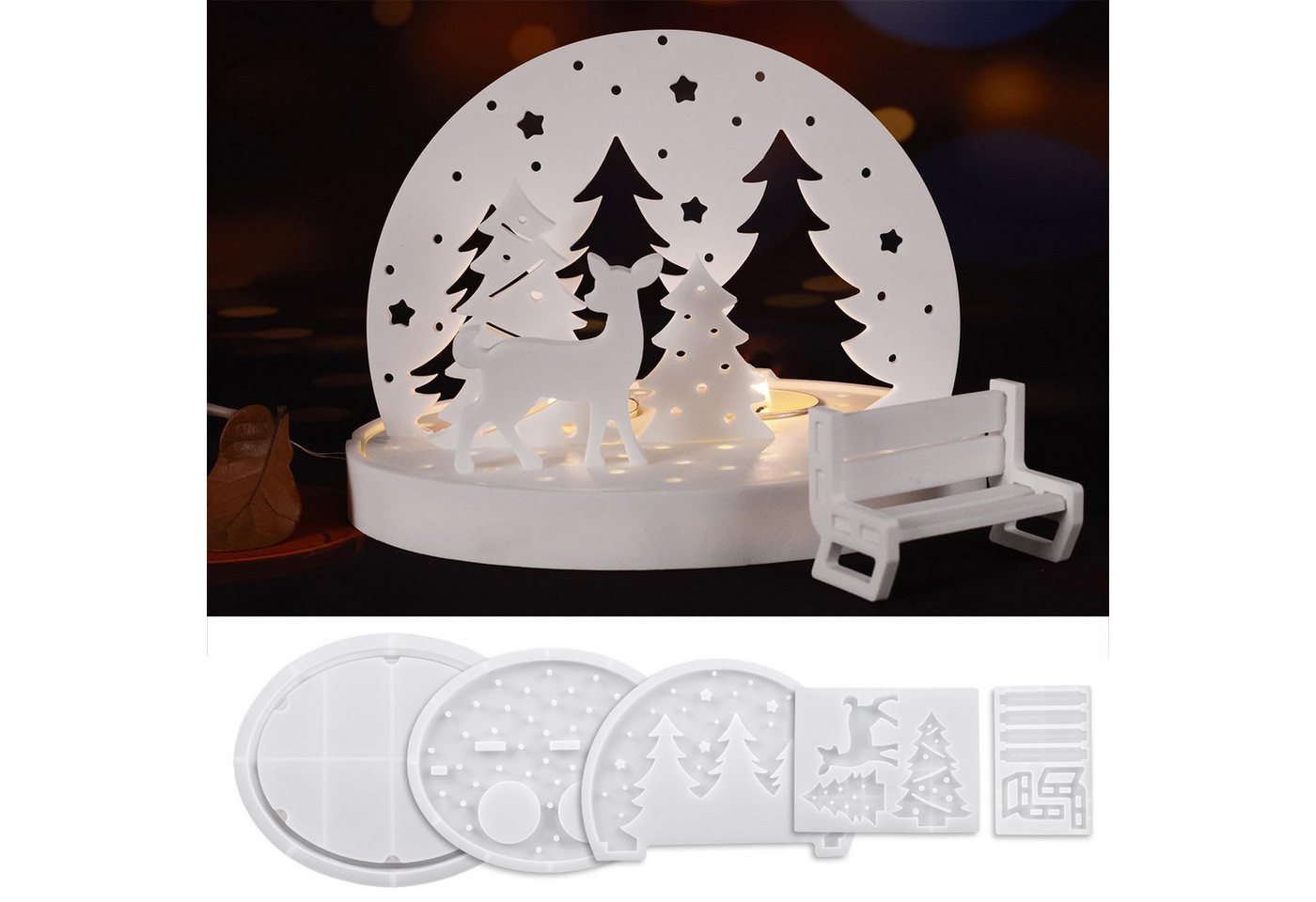 Diwzbyn Silikonform 5 Stück Weihnachts-Silikon-Gießform Set, Kerzenformen Zum Gießen, (5-tlg), Mit Weihnachtsbaum, Rentier, Holzstuhl und Kerzenhalter Formen Bild 3