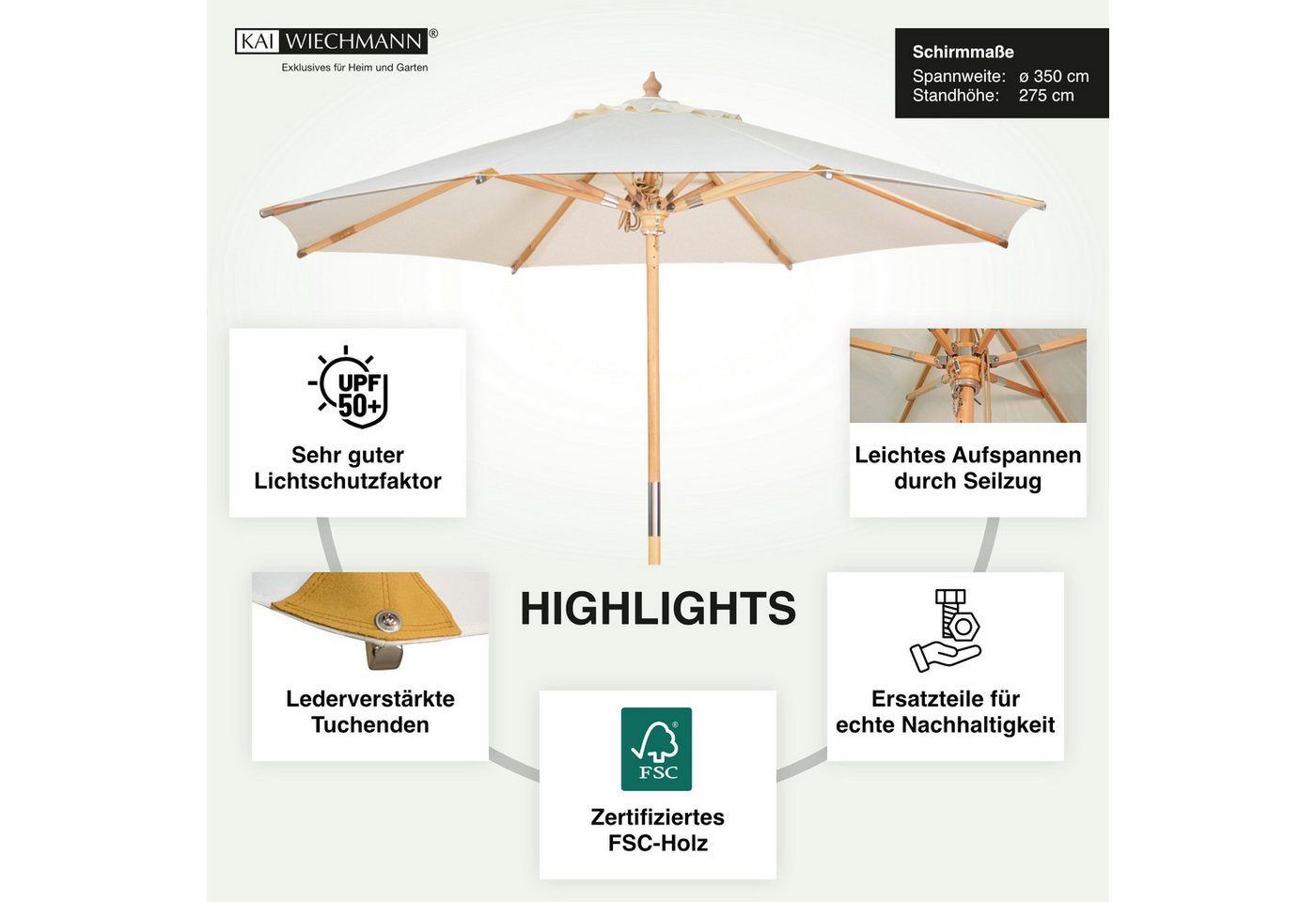 Kai Wiechmann Sonnenschirm Stylischer Balkonschirm 350 cm als hochwertiger Schattenspender, Gartenschirm aus Holz mit Windauslass & UPF 50+ Bild 3
