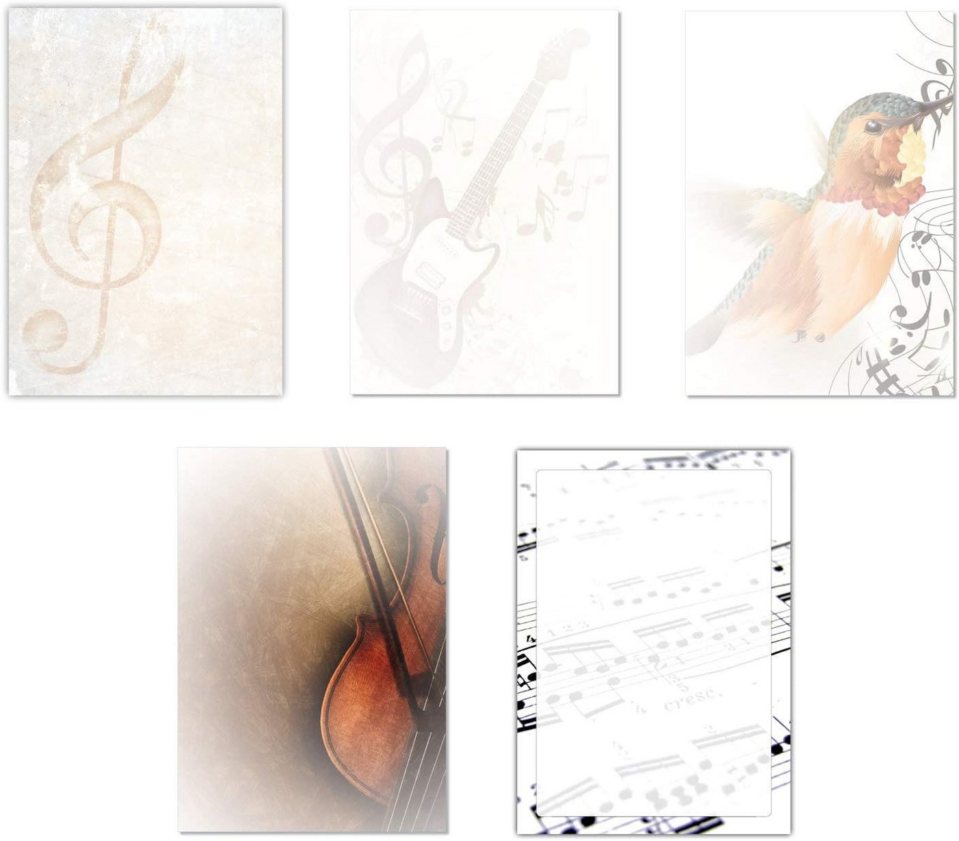LYSCO Briefpapier Set Motivpapier Vogel Noten Gitarre Geige (MPA-5225), musikalisches Flair, für alle Drucker geeignet.