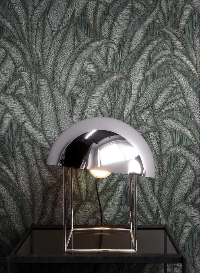 Newroom Vliestapete Zaida Black Tapete Mustertapete Dschungel,Palmen,Blätter, Schwarz Tapete Modern Dschungel - Mustertapete Palmenblätter Anthrazit Metallic Tropisch Floral Palmen Blätter für Wohnzimmer Schlafzimmer Küche, Palmenblätter