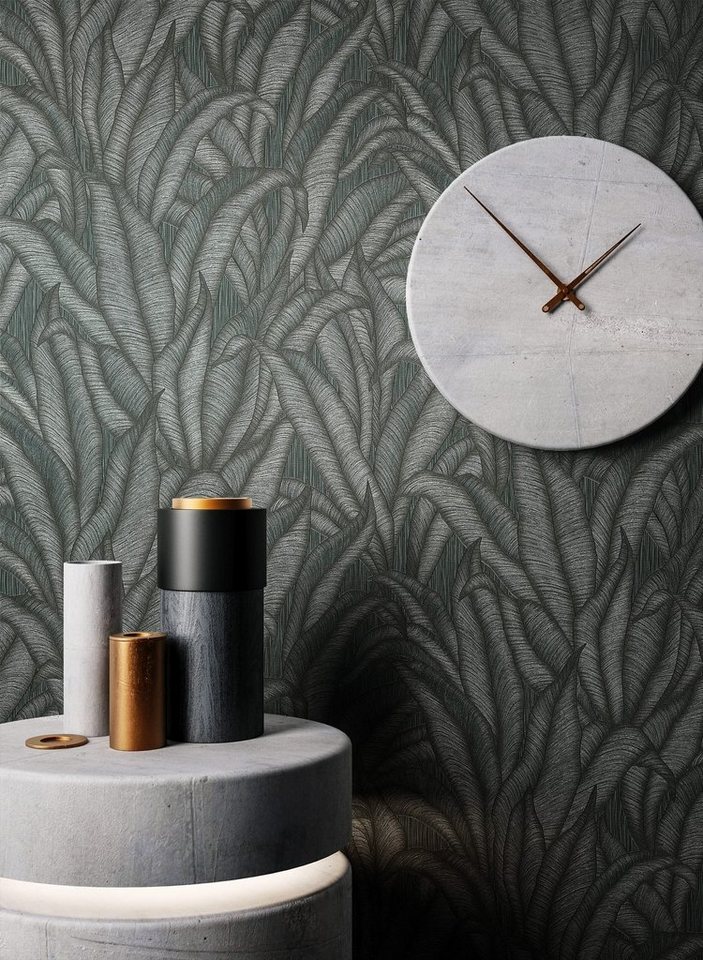 Newroom Vliestapete Zaida Black Tapete Mustertapete Dschungel,Palmen,Blätter, Schwarz Tapete Modern Dschungel - Mustertapete Palmenblätter Anthrazit Metallic Tropisch Floral Palmen Blätter für Wohnzimmer Schlafzimmer Küche, Palmenblätter Bild 2