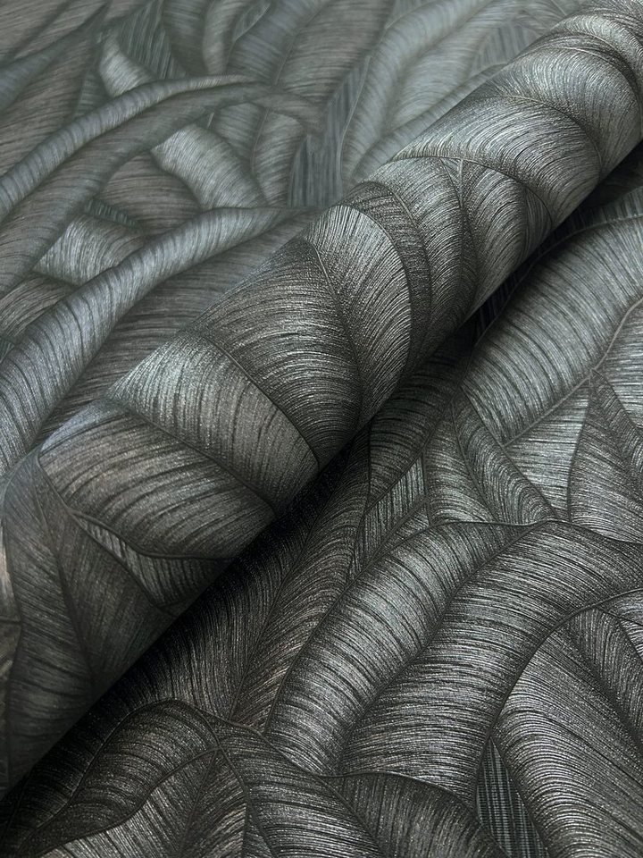 Newroom Vliestapete Zaida Black Tapete Mustertapete Dschungel,Palmen,Blätter, Schwarz Tapete Modern Dschungel - Mustertapete Palmenblätter Anthrazit Metallic Tropisch Floral Palmen Blätter für Wohnzimmer Schlafzimmer Küche, Palmenblätter Bild 3