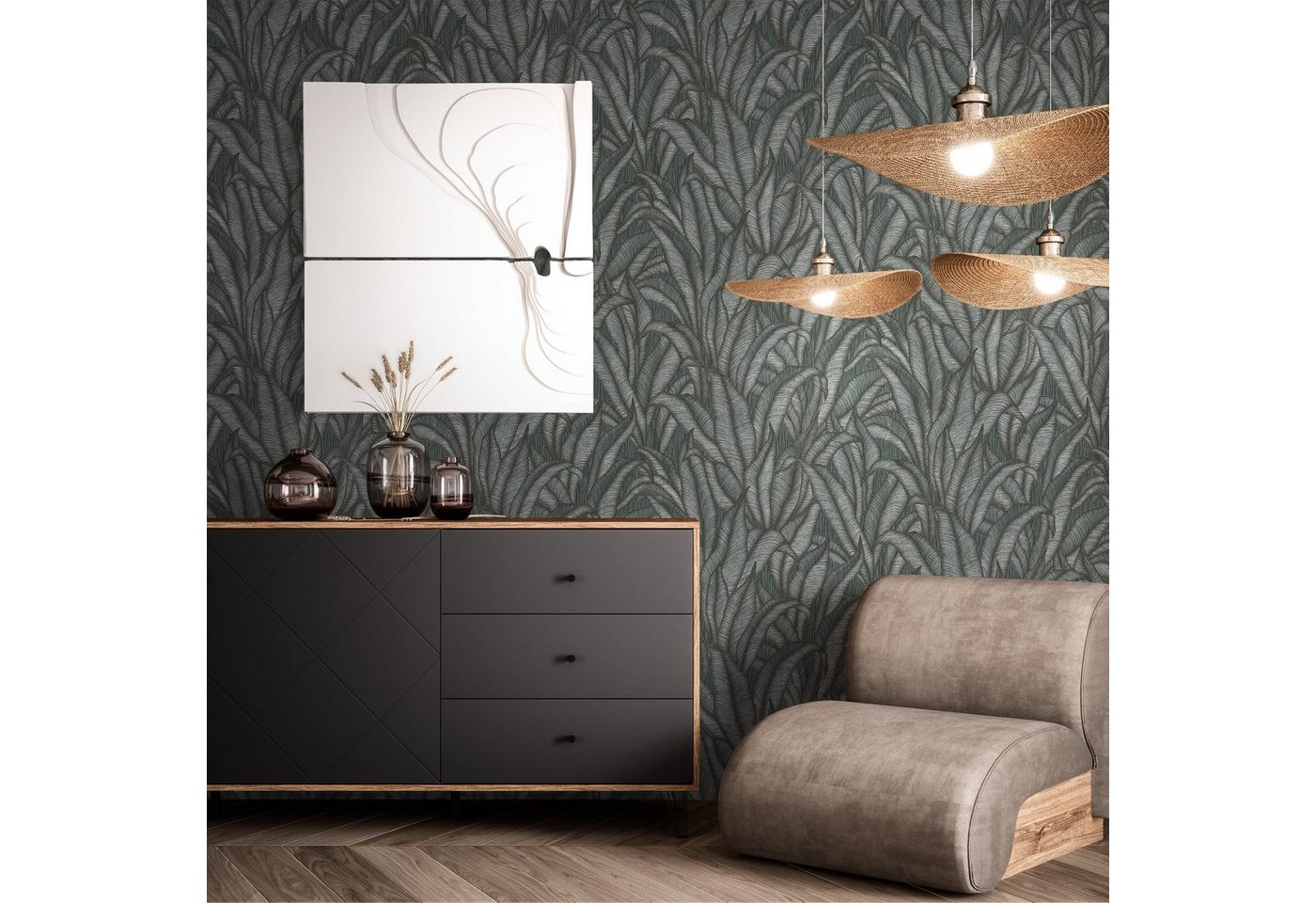 Newroom Vliestapete Zaida Black Tapete Mustertapete Dschungel,Palmen,Blätter, Schwarz Tapete Modern Dschungel - Mustertapete Palmenblätter Anthrazit Metallic Tropisch Floral Palmen Blätter für Wohnzimmer Schlafzimmer Küche, Palmenblätter Bild 4