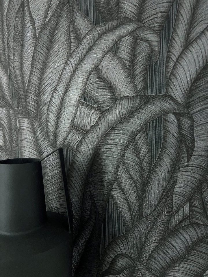 Newroom Vliestapete Zaida Black Tapete Mustertapete Dschungel,Palmen,Blätter, Schwarz Tapete Modern Dschungel - Mustertapete Palmenblätter Anthrazit Metallic Tropisch Floral Palmen Blätter für Wohnzimmer Schlafzimmer Küche, Palmenblätter Bild 5