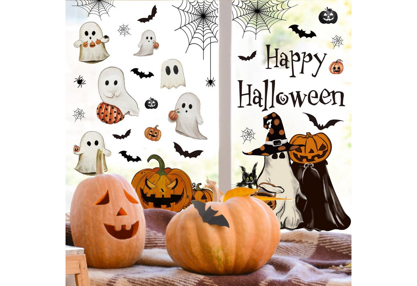 CLTYQ Fensterbild 6 Blatt Halloween Fensteraufkleber wiederverwendbare Fensterbilder, Vintage Geist, Böser Kürbis, Fledermaus, Glasdeko für Zuhause